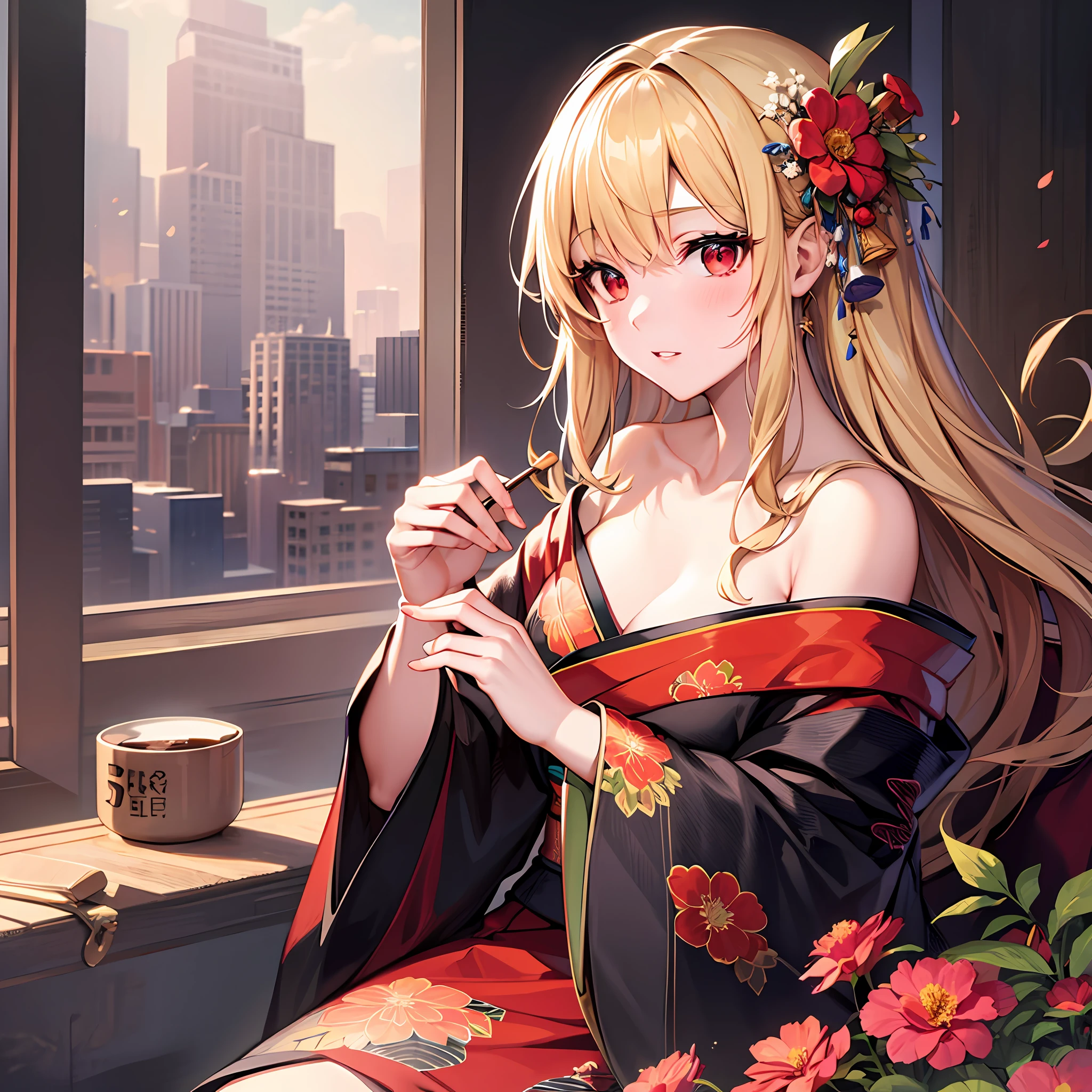 blonde girl, red eyes, kimono, off-shoulder, sitting, solo, flower