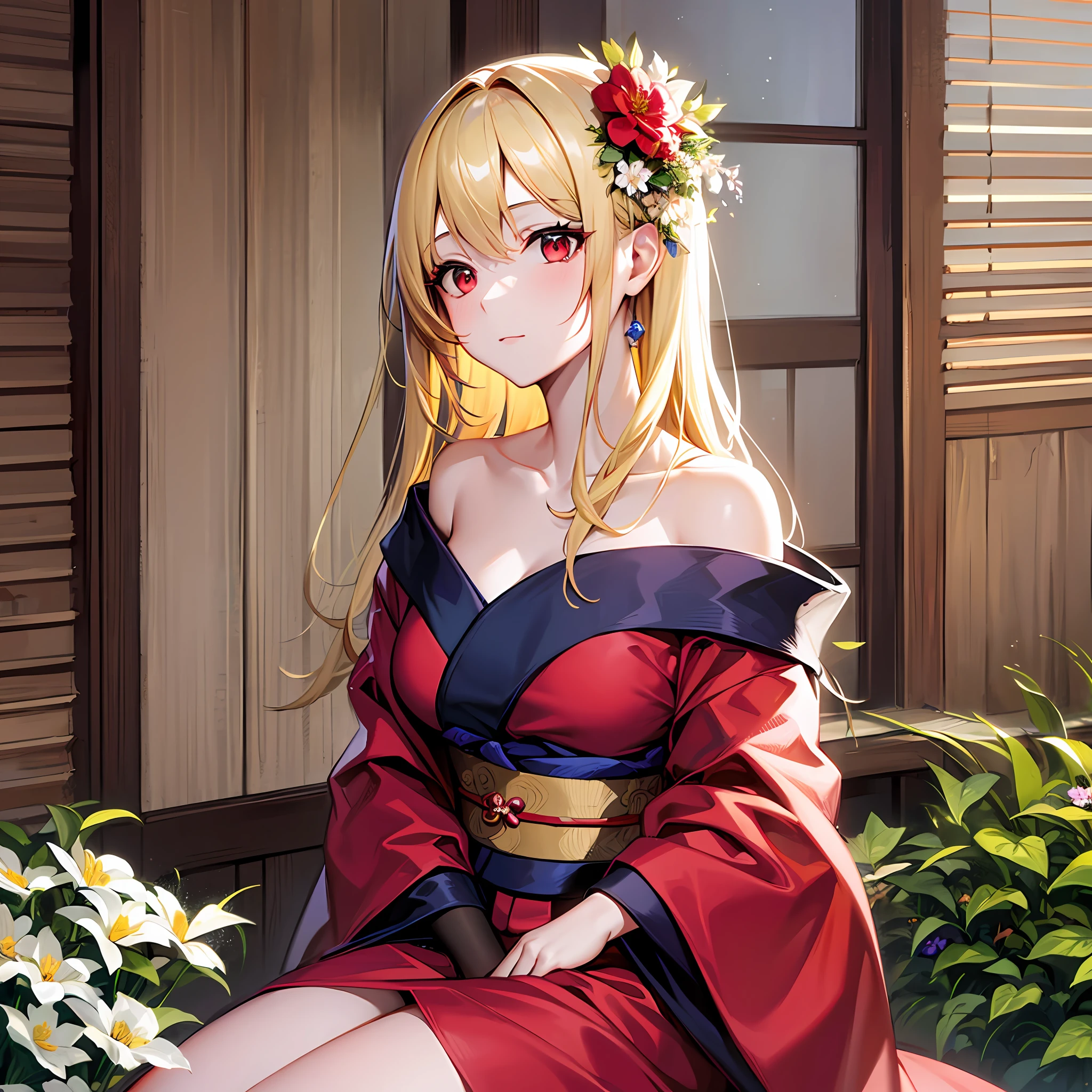 blonde girl, red eyes, kimono, off-shoulder, sitting, solo, flower