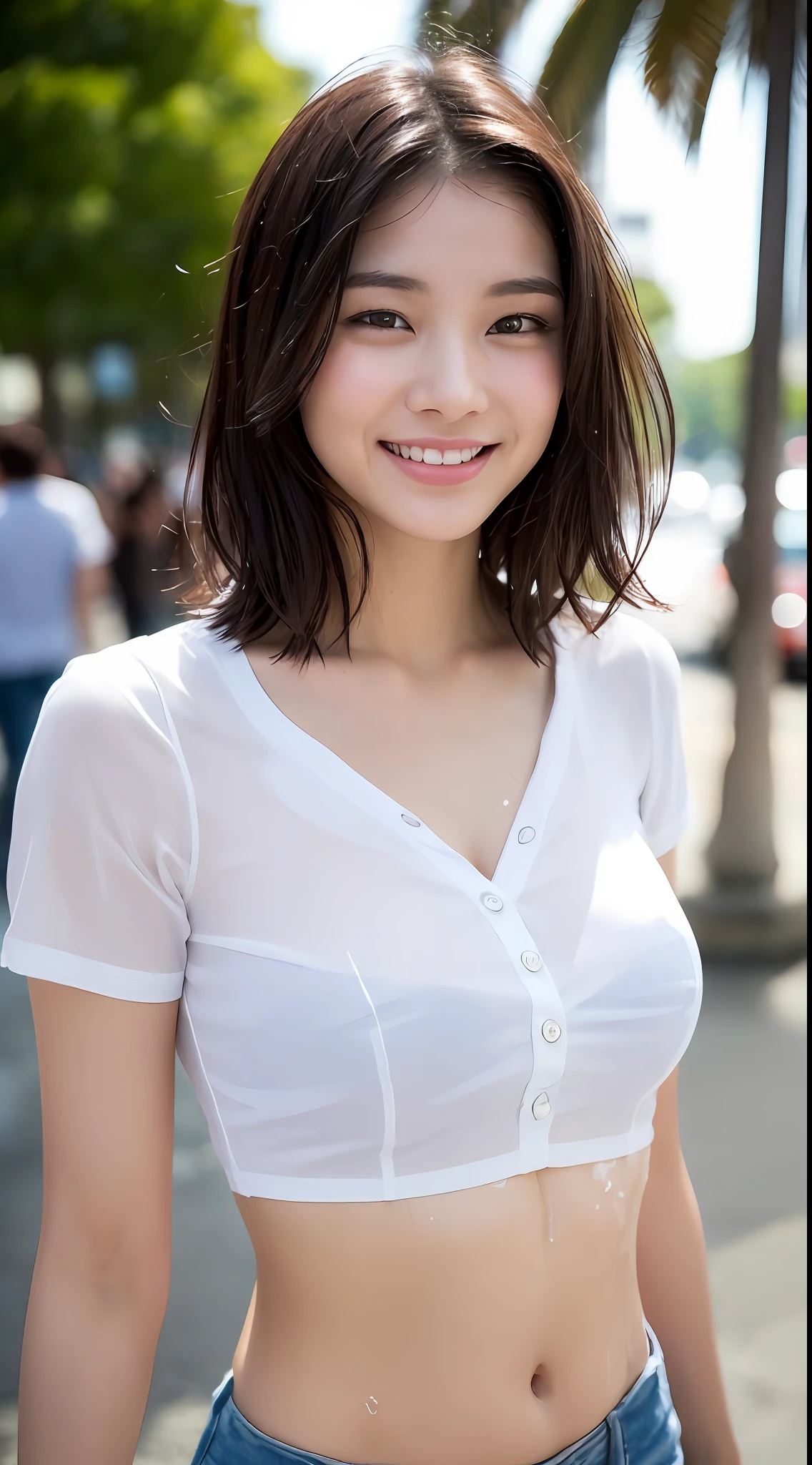 ((Top Quality, 8k, Masterpiece: 1.3)), Sharp Focus: 1.2, Beautiful Women with Perfect Body: 1.4, Slim Abdomen: 1.2, ((Layered Haircut, Big: 1.6)), (No Bra) (Small and Beautiful Hard Nipples) (Thin moist buttons up to shirt length: 1.1), (White shirt wet from rain), (Rain, Street: 1.2), Wet body: 1.1, Highly detailed face and skin texture, detailed eyes, double eyelids, tanned skin, sexy, tanned, smile