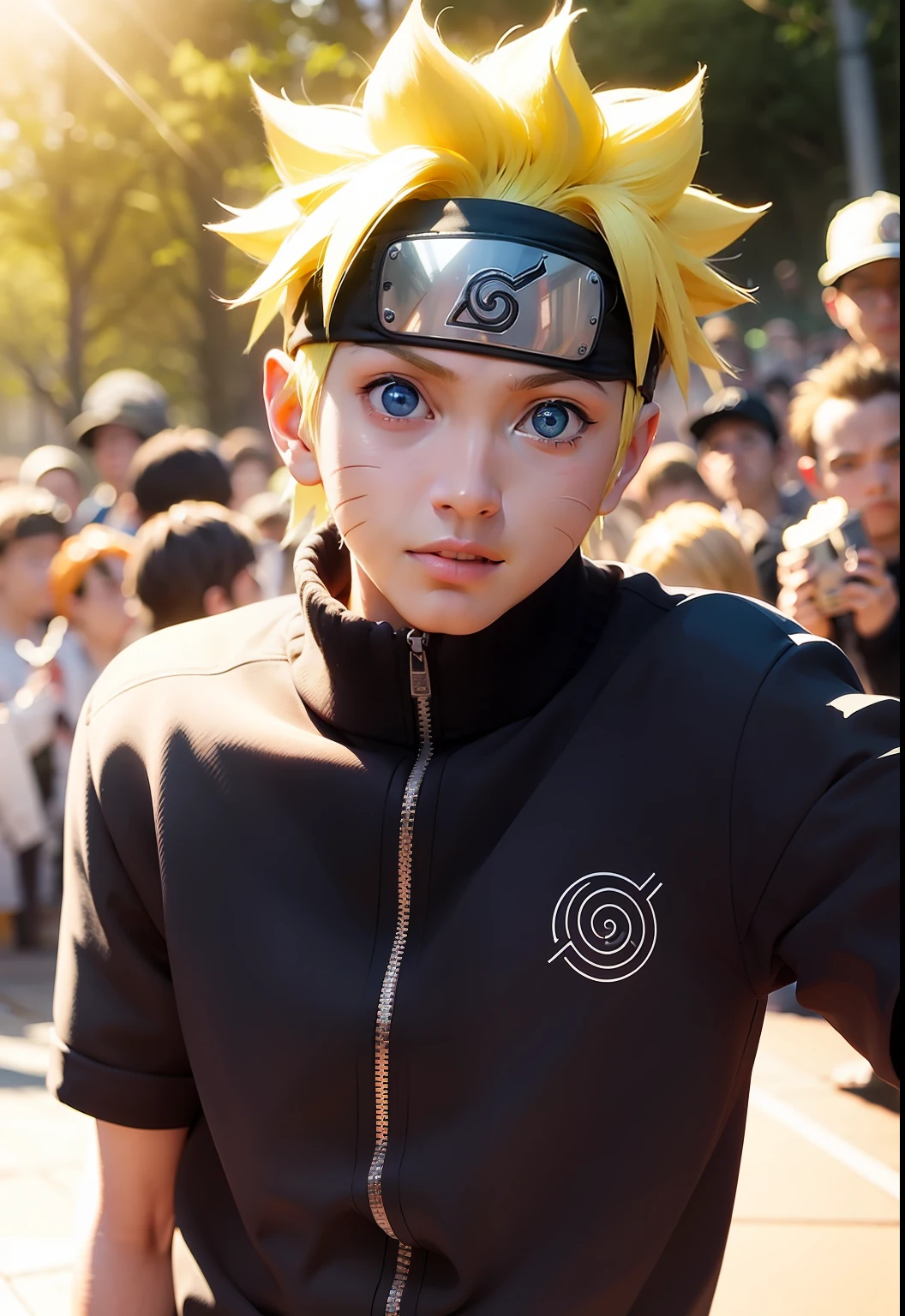 uzumaki naruto, 1boy, masterpiece, best quality, whole body, looking at the viewer, social clothing, sunlight, romance illustration, blurry foreground,