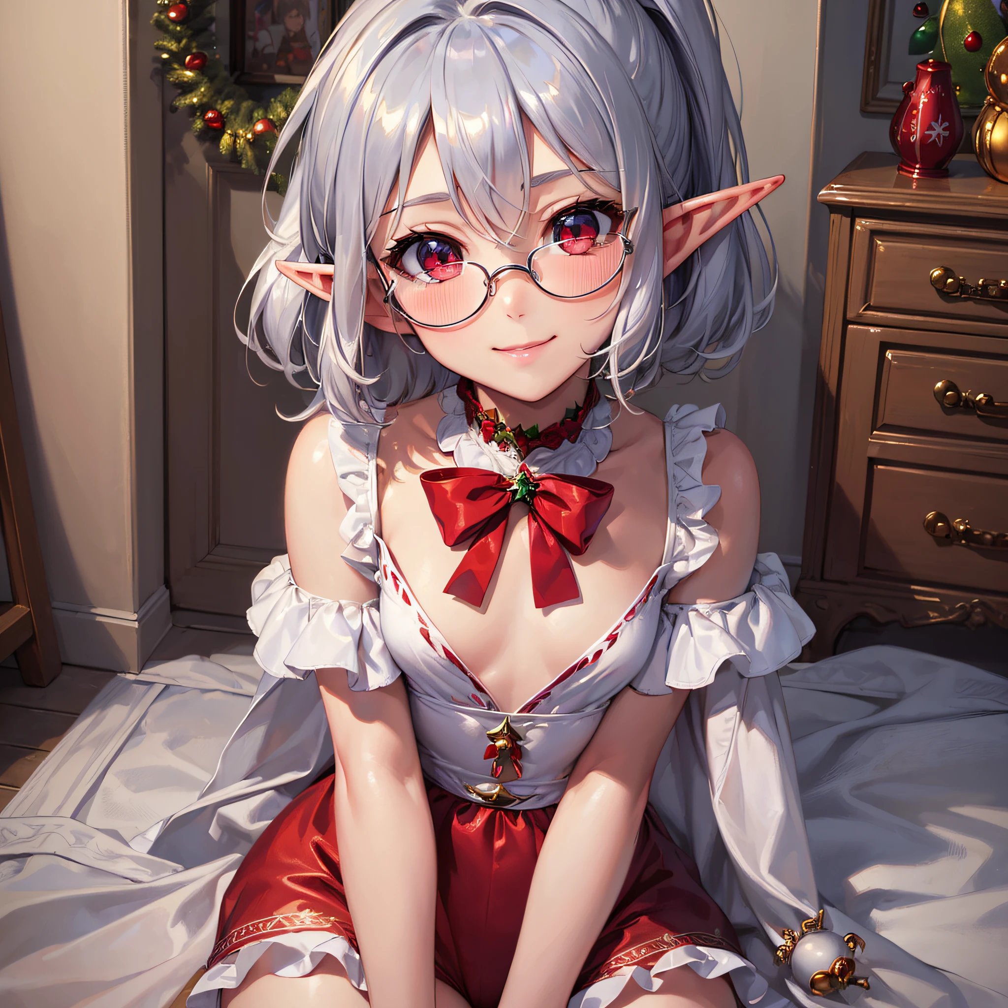 ((masterpiece)), ((best quality)), (ultra-detailed), ((perfect anatomy)), cute, illustration, 8 yo, a cute girl, 1girl, solo, ((flat chest)), ((thin thighs)), beautiful silver hair, short hair, messy hair, ponytail, beautiful red eyes, upturned eyes, red glasses, hair ornament, ((elf)), smile, blush, looking at viewer, ((Christmas costume)),