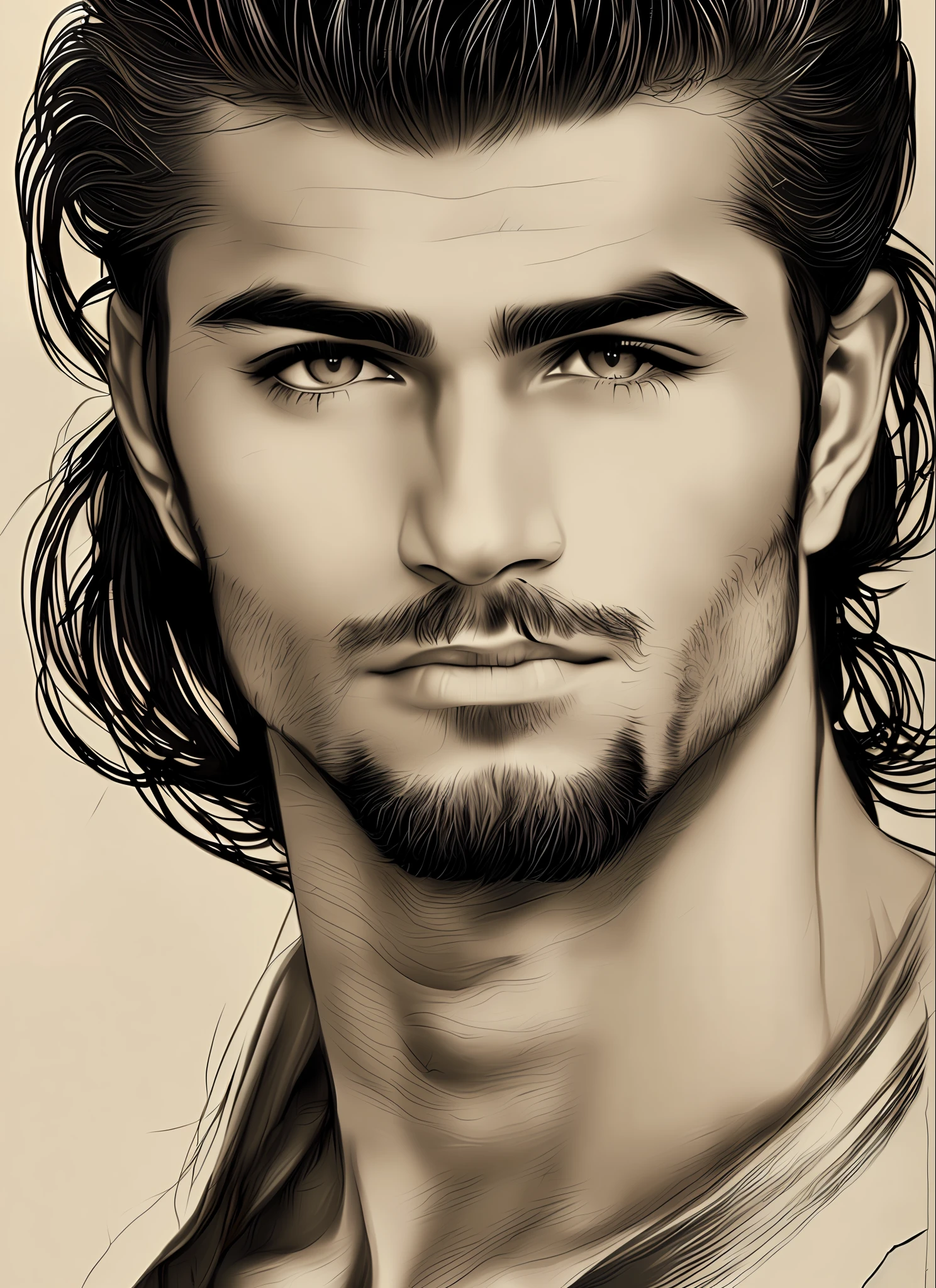 modelshoot style Charlie Bowater realistic Lithography sketch portrait of a very handsome arabic muscular man man with a double cleft chin and toseled hair,  old paper texture, highly detailed