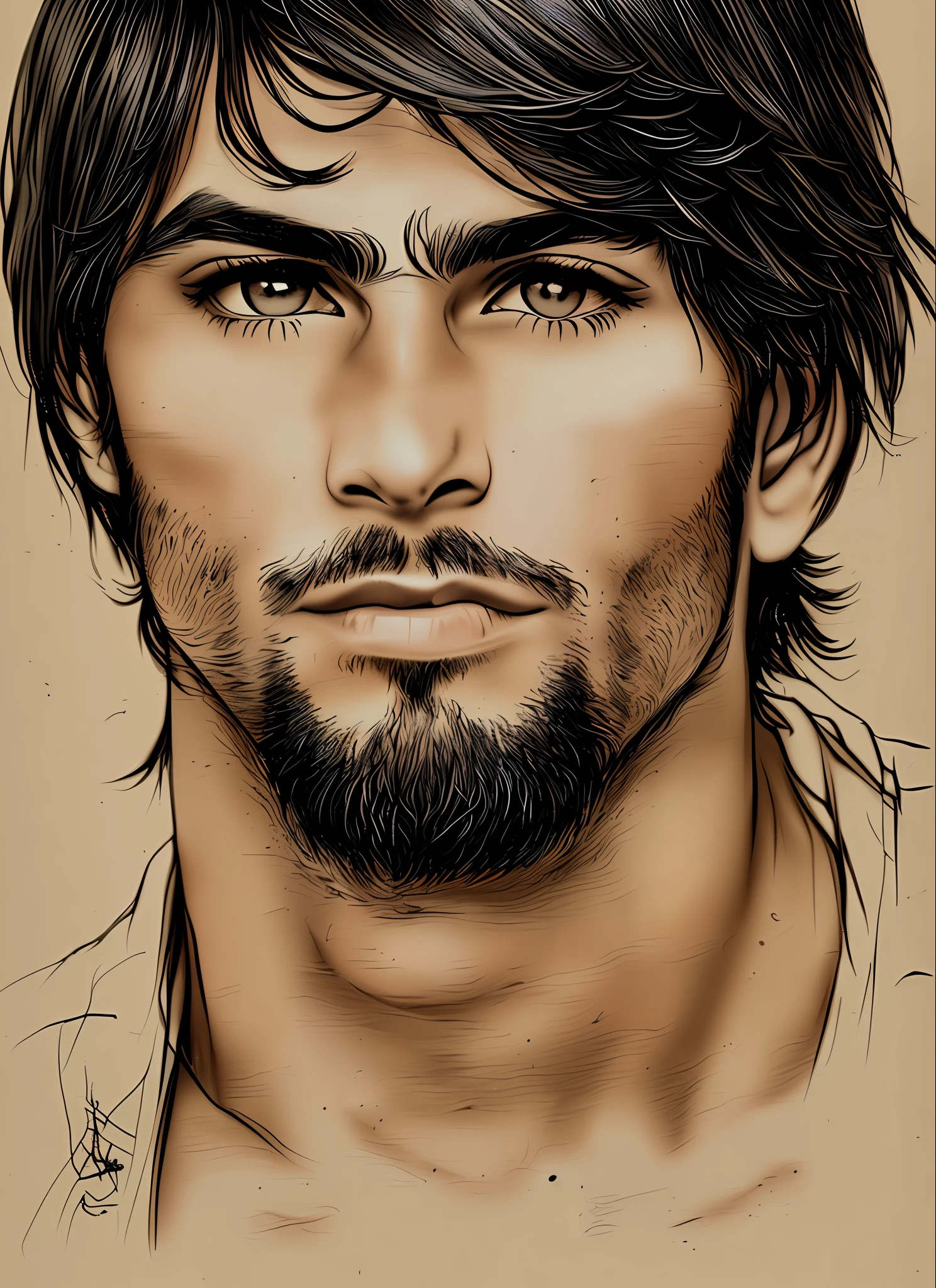 modelshoot style Charlie Bowater realistic Lithography sketch portrait of a very handsome arabic muscular man man with a double cleft chin and toseled hair, old paper texture, highly detailed