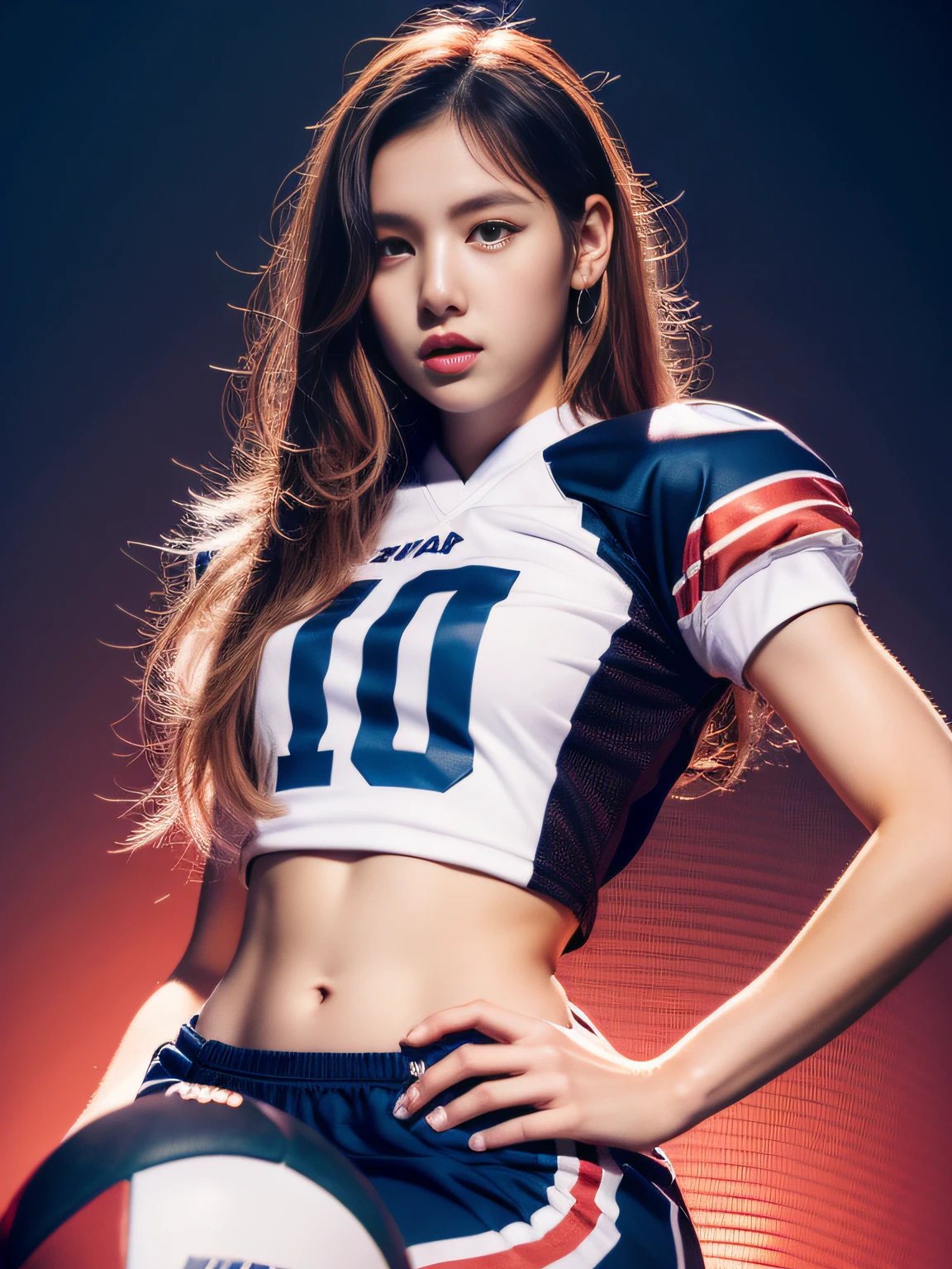 Masterpiece, superlative, realistic, Lisa wearing trendy football uniform, long hair, open waist, HD, photography lighting, 16k