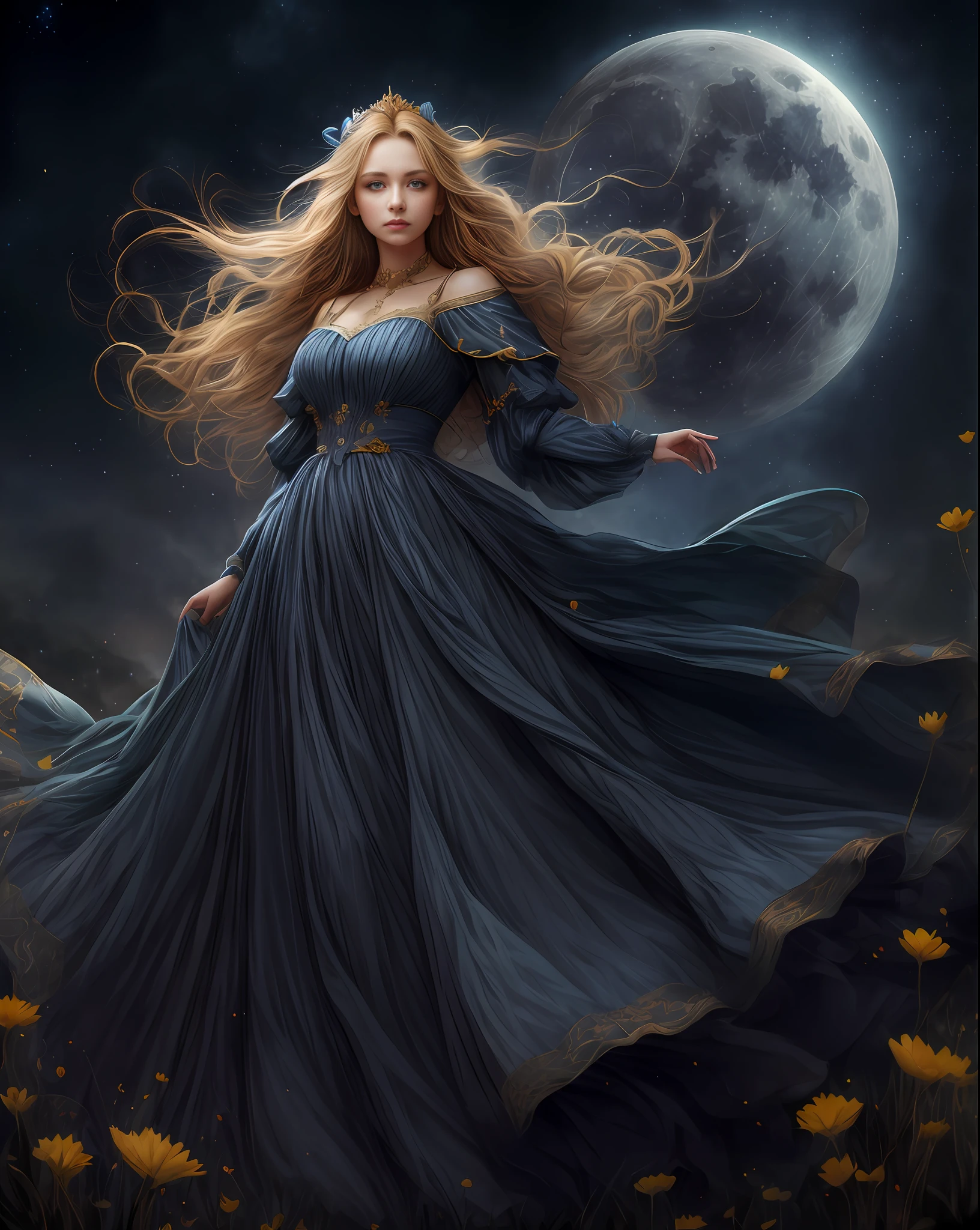 (best quality, masterpiece), young woman, medieval princess blue dress, pose, particle, wind, flower, upper body, full moon night background, looking at viewer, long straight windblown golden hair, detailded blue eyes, galaxy, backlit, rimlight, beautiful artwork, perfect composition