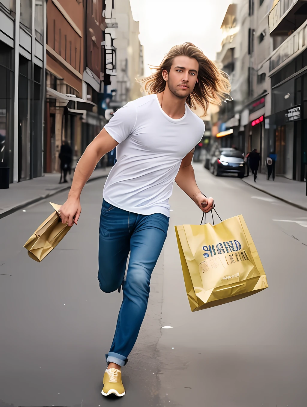 photo of an insanely handsome Australian man, green eyes, short messy windy blonde hair, closeup zoomed in tight crop portrait, running down a (street on a big city scene people shops cars:1.2) wearing a (casual jeans:1.3) (shopping bags on his hand:1.3) (Lighting-Gold:1.2) action shot foreground objects background details (masterpiece:1.2) (photorealistic:1.2) (bokeh:1.2) (best quality) (color grading) (detailed skin:1.3) (intricate) (8k) (HDR) (cinematic lighting:1.3) (sharp focus), messy windy hair