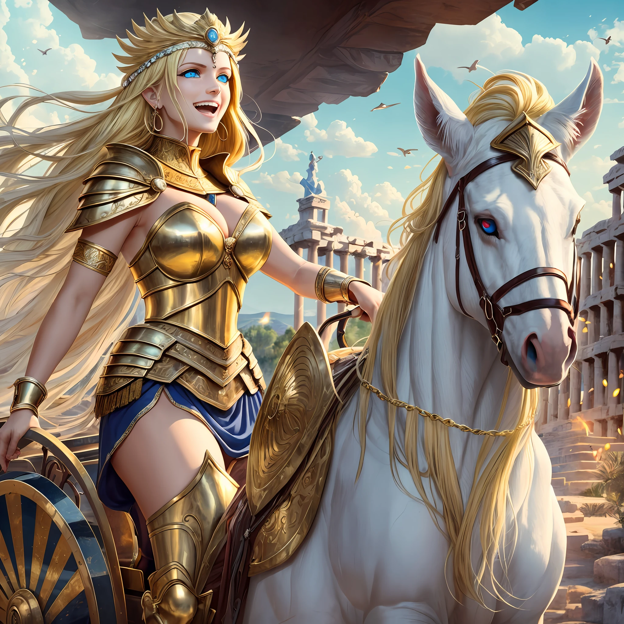 Two goddesses are riding together in the same ((ancient greek chariot)), they look very happy, "The driver of the chariot is the goddess of war and wisdom, With ((dark black hair)) and ((gray eyes)), With fair skin, Is muscular, ((Wears a golden breastplate armor)), Exclaims in delight", "The other is the goddess of wild nature and hunting, With (((blonde hair))) and (((blue eye))), With fair skin, Is slender, Showing off the perfect pair of long legs, {{Wears (very short:1.7), (white:1.5), sleeveless greek chiton}}, Is enjoying a happy ride", Greek mythology, Happy atmosphere, Friendship, Photorealistic, Ultra quality, Ultra Detailed, Description of ultra-accurate, precise hand, Masterpiece, 8K, HDR