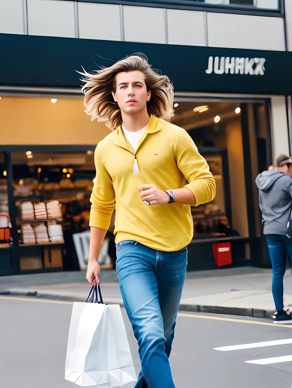 photo of an insanely handsome Australian man, green eyes, short messy windy blonde hair, closeup zoomed in tight crop portrait, running down a (street on a big city scene people shops cars:1.2) wearing a (casual jeans:1.3) (shopping bags on his hand:1.3) (Lighting-Gold:1.2) action shot foreground objects background details (masterpiece:1.2) (photorealistic:1.2) (bokeh:1.2) (best quality) (color grading) (detailed skin:1.3) (intricate) (8k) (HDR) (cinematic lighting:1.3) (sharp focus), messy windy hair