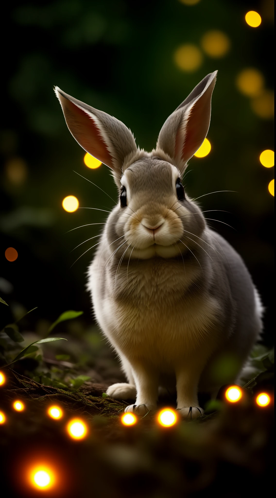 close up photo of a rabbit in an enchanted forest, nighttime, fireflies, volumetric fog, halation, bloom, dramatic atmosphere, centred, rule of thirds, 200mm 1.4f macro shot
