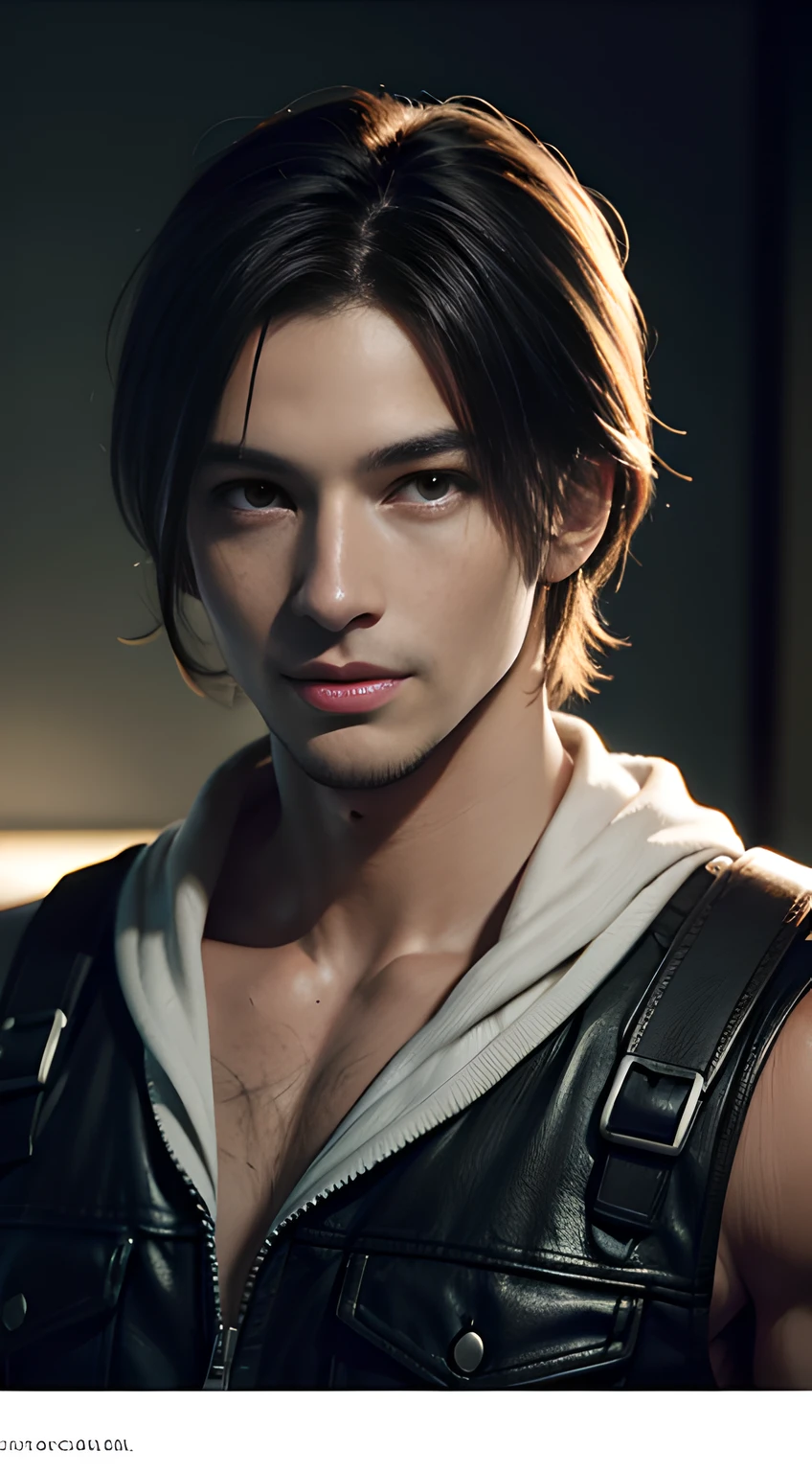 handsome muscular man who looks like Leon kennedy of Resident Evil, mischievous smile, (small details: 1 in 1), natural muscles, higher quality, beautiful eye, (Detailed face and eyes), (face、: 1 of 2), noise, real pictures、... ...PSD, Sharp Focus, High Resolution 8k, Real & Professional Photography, 8K UHD, Soft Lighting, High Quality, Film Grain, FUJIFILM XT3