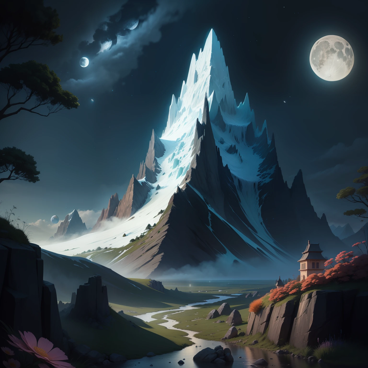 drawing, challenging mountain, full of slippery rocks, night, moon, fantasy, flowers, vegetation, trees magical environment, cartoon, disney wall drawing, high definition, ultra detailed, sharp,