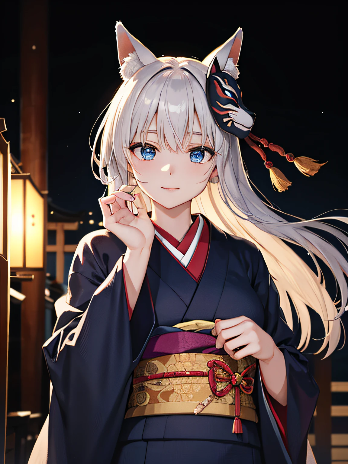 (absurdres, highres, ultra detailed), one woman, mature woman, aged, long straight hair, shiny beautiful hair, blue eyes, bangs, long sleeves, detailed eyes and fine face, eye highlights, hidden hands, rich lighting, highly detailed CG 8K wallpaper, intricate details, portrait, gazing, solo, half shot, finely drawn face, soft smile, dynamic pose, classical period, (Ancient Japanese Subject: 1.1), Japanese mythology, fox ears, Japanese people, ruler, blue kimono, floral kimono, ancient theme, ( (Prosperous Civilization: 1.1), Moon in background, (Immaculate: 1.1) shrine, Japanese landscape, ancient city in background, fox mask on head, fantastic, dreamy, dancing lights, lantern, austere, night, darkness, stars, portrait, cinematic lighting