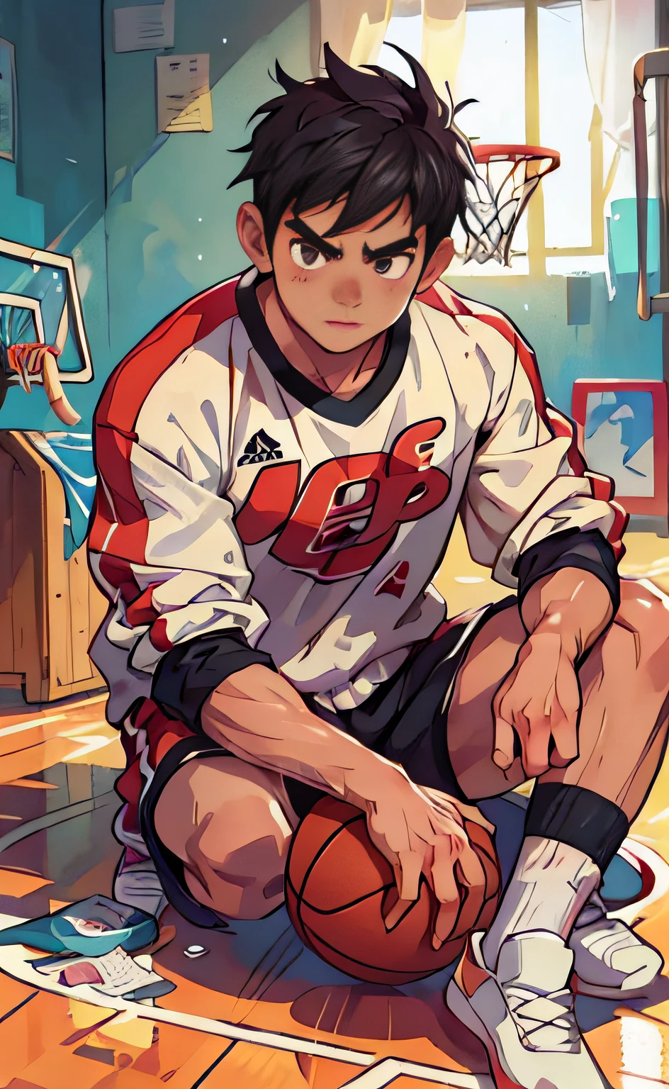 raw, 8k, high detail, illustration, basketball court, (1 boy: 1.2), 18 years old, basketball player, black eyes, black hair, shorts, white socks, tracksuit, round face, shyness