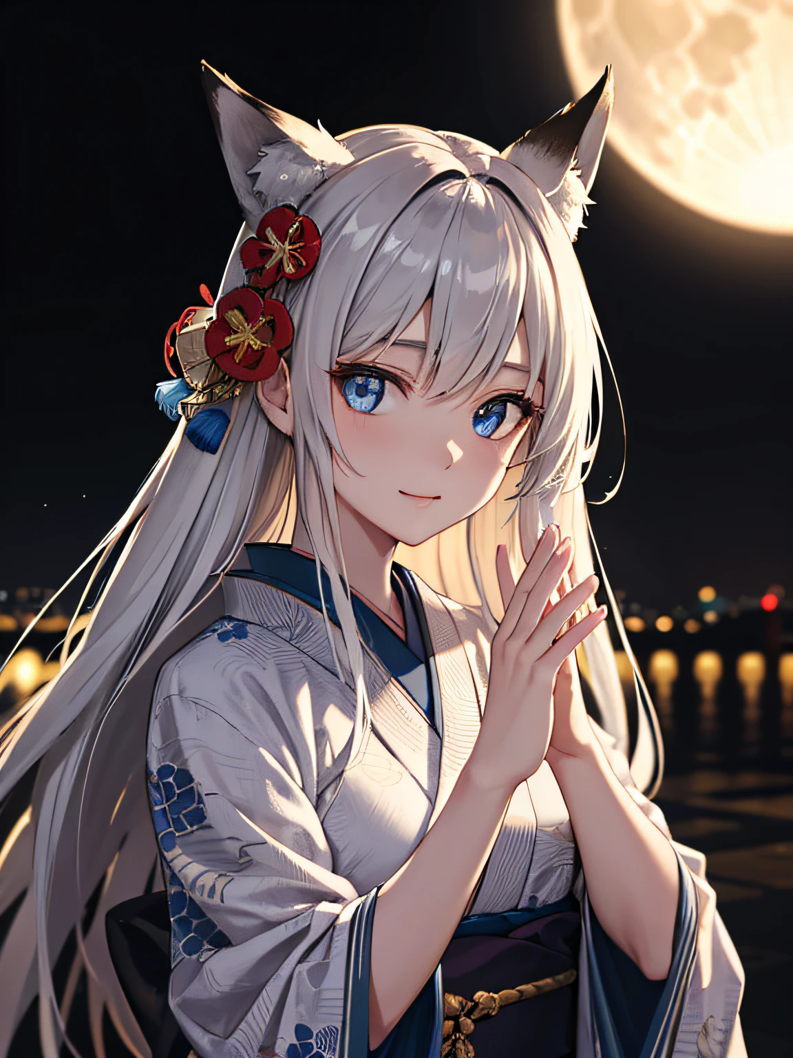 (absurdres, highres, ultra detailed), one woman, mature woman, aged, long straight hair, shiny beautiful hair, blue eyes, bangs, long sleeves, detailed eyes and fine face, eye highlights, hidden hands, rich lighting, highly detailed CG 8K wallpaper, intricate details, portrait, gazing, solo, half shot, finely drawn face, soft smile, dynamic pose, classical period, (Ancient Japanese Subject: 1.1), Japanese mythology, fox ears, Japanese people, ruler, blue kimono, floral kimono, ancient theme, ( (Prosperous Civilization: 1.1), Moon in background, (Immaculate: 1.1) shrine, Japanese landscape, ancient city in background, fox mask on head, fantastic, dreamy, dancing lights, lantern, austere, night, darkness, stars, portrait, cinematic lighting
