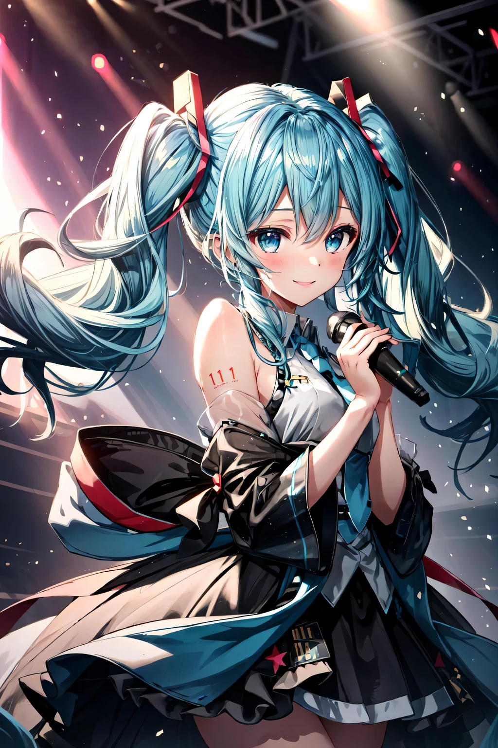 masterpiece, best quality, ultra-detailed, illustration, an extremely delicate and beautiful,
1girl, solo, light smile,
Hatsune Miku,twintails,live stage, Particles of Light,