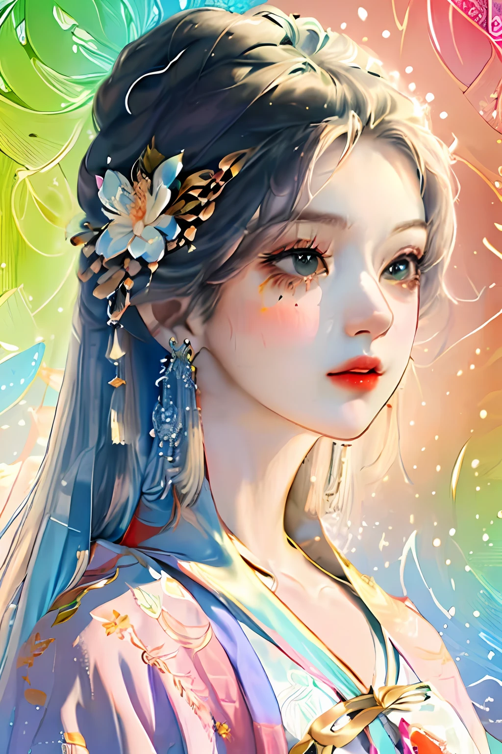 (masterpiece, top quality, best quality, official art, beautiful and aesthetic:1.2), (1girl:1.3), extremely detailed,(fractal art:1.1),(colorful:1.1)(flowers:1.3),highest detailed,(zentangle:1.2), (dynamic pose), (abstract background:1.3), (chinese Traditional cloth:1.2), (shiny skin), (many colors:1.4), ,(earrings:1.4),