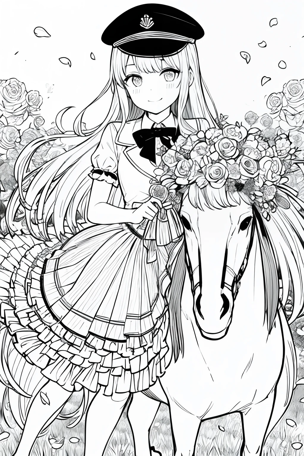masterpiece, best quality, 1girl, on top of a beautiful unicorn, long hair, Looking_at_viewer, smile, bangs, short high school style skirt, shirt, short sleeves, bow, , ruffles, hair_flower, petals, bouquet, Holding_flower, center_frills, cap, Holding_bouquet, girrasol field, , lineart, monochrome,