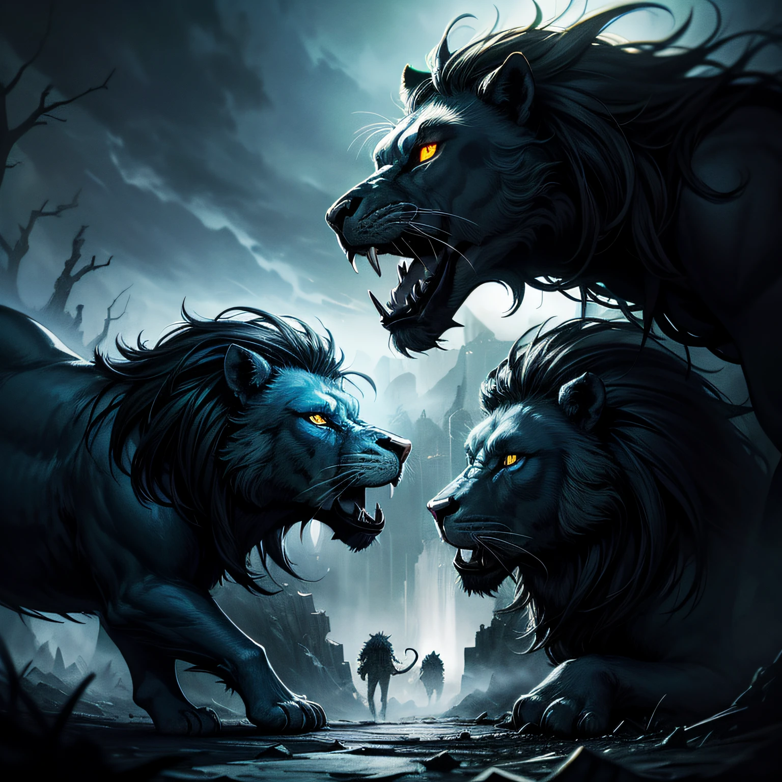 4 lions, dark theme lions, (fierce and intimidating), (emerge from the shadows), (glowing eyes), (in a desolate landscape), (ominous atmosphere), (illustration), (fantasy)