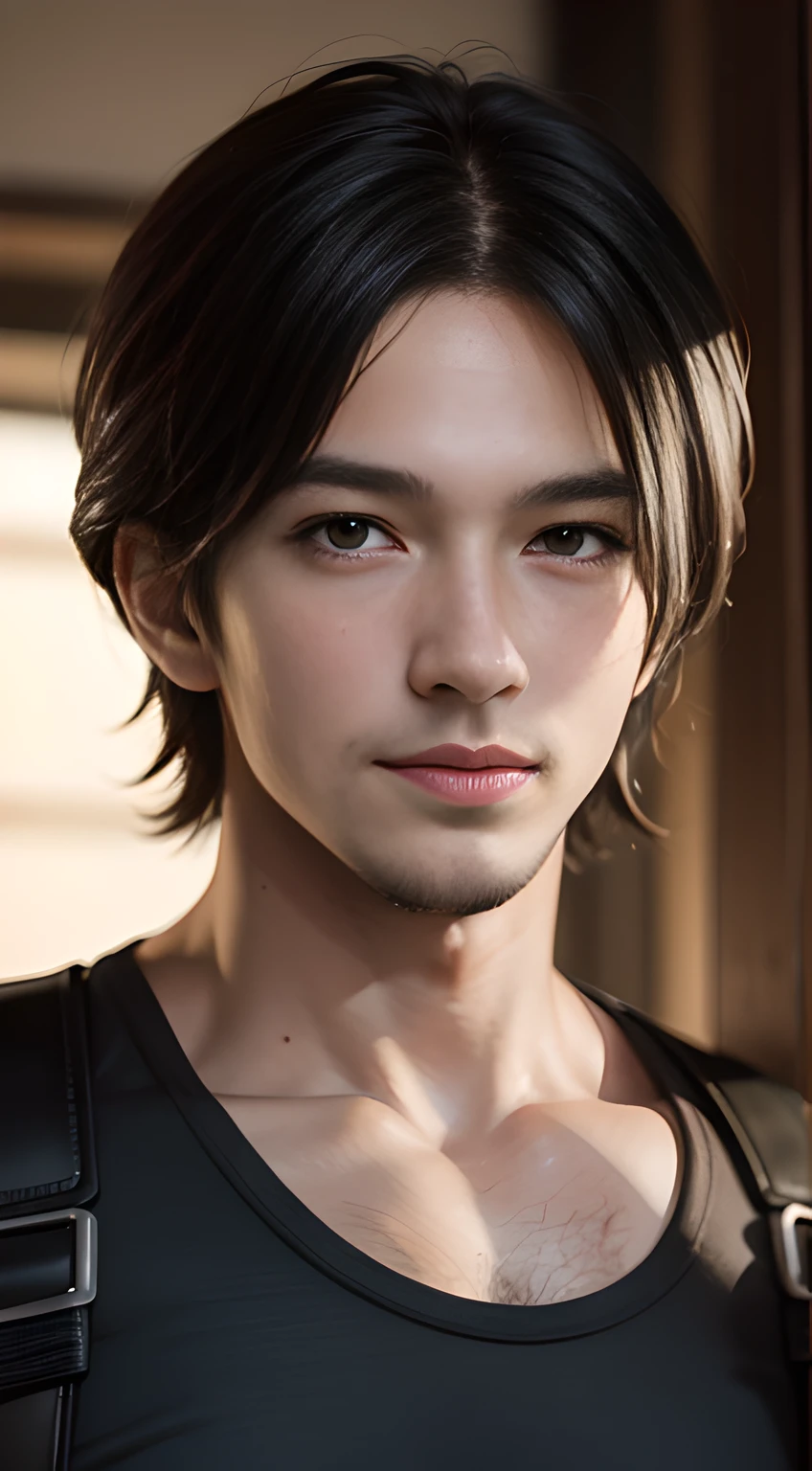 handsome muscular man who looks like Leon kennedy of Resident Evil, mischievous smile, (small details: 1 in 1), natural muscles, higher quality, beautiful eye, (Detailed face and eyes), (face、: 1 of 2), noise, real pictures、... ...PSD, Sharp Focus, High Resolution 8k, Real & Professional Photography, 8K UHD, Soft Lighting, High Quality, Film Grain, FUJIFILM XT3