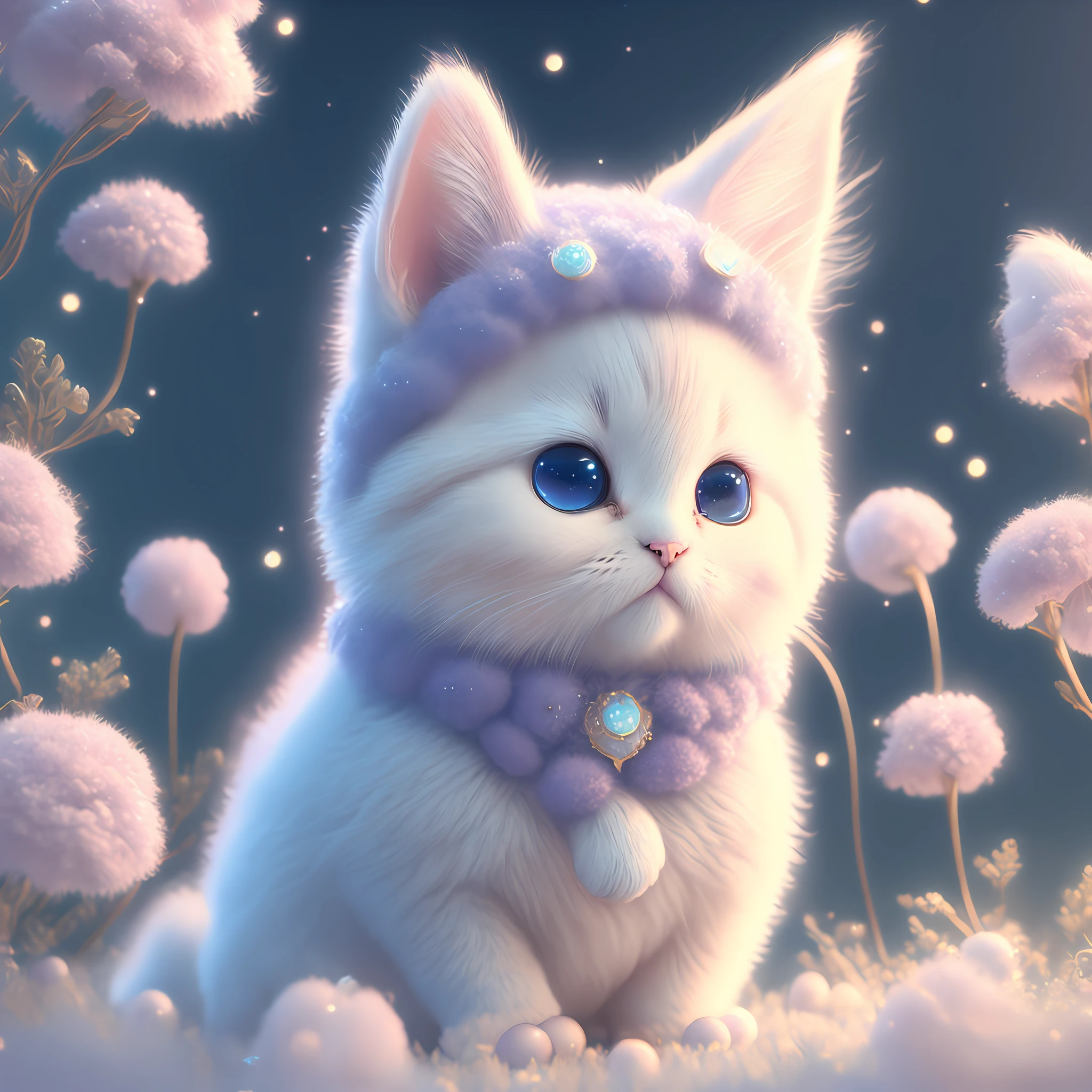 In this super detailed CG art, cute kitten surrounded by ethereal flowers, laughter, best quality, high resolution, intricate details, 8k, jewel-like eyes, fantasy, cute animals, purple, funny, on the left!! Mouth!!! Laugh!!! --auto