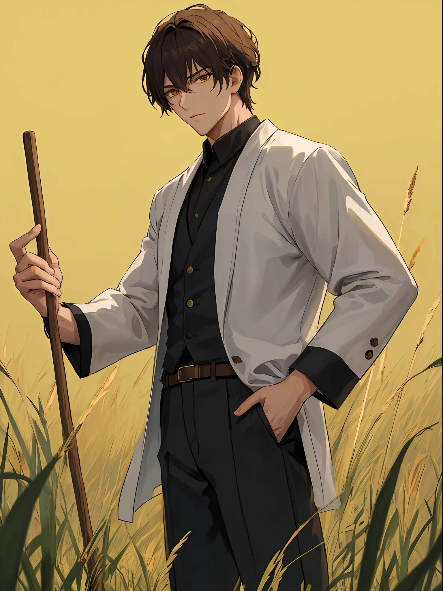 Masterpiece, handsome and dashing male anime characters, best quality, watch audience, brunette hair, outdoor, black clothes, robe, wooden stick in right hand, trouser pocket in left hand, elegant posture, bright eyes, martial arts image, yellow grass background, black theme,