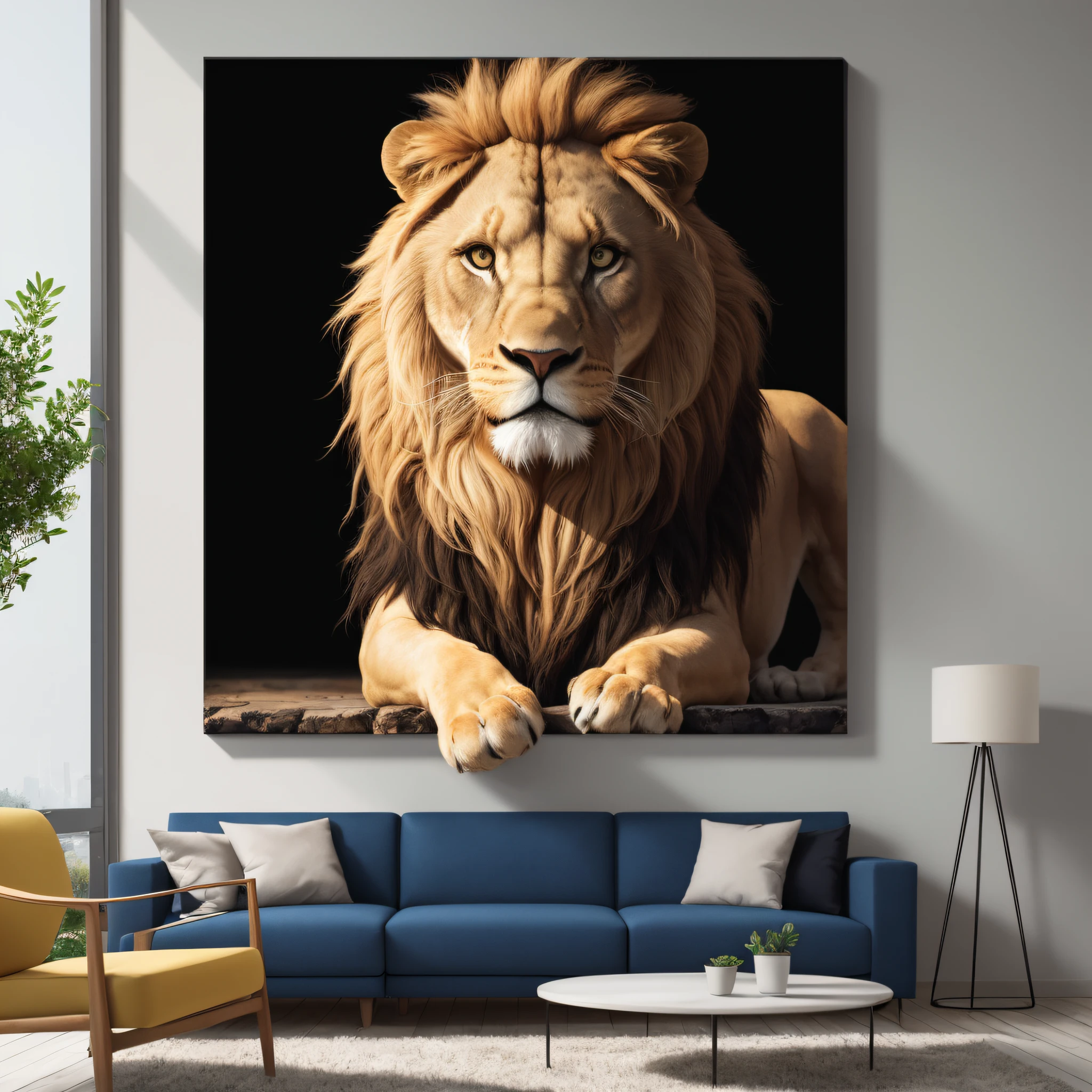 there is an image of a lion sitting on a wall, printing art on canvas, placed in a living room, displayed on the walls, very high quality art, 4k product photo, high quality glossy art, high resolution printing, large format photography, 4k painting photography, highly detailed 8k art, placed in a large living room, large format image, realistic image --auto