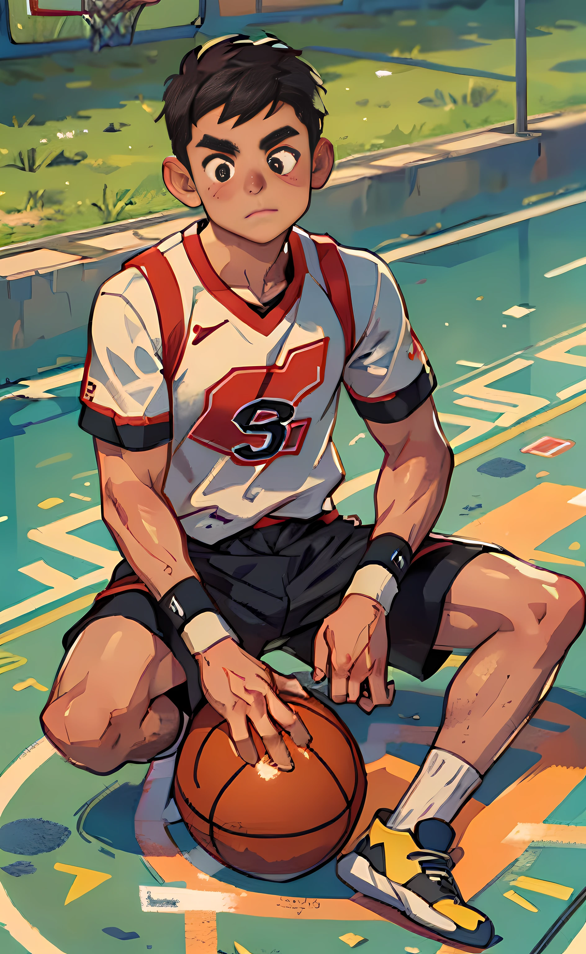 raw, 8k, high detail, illustration, basketball court, (1 boy: 1.2), 18 years old, basketball player, black eyes, black hair, shorts, white socks, tracksuit, round face, shyness