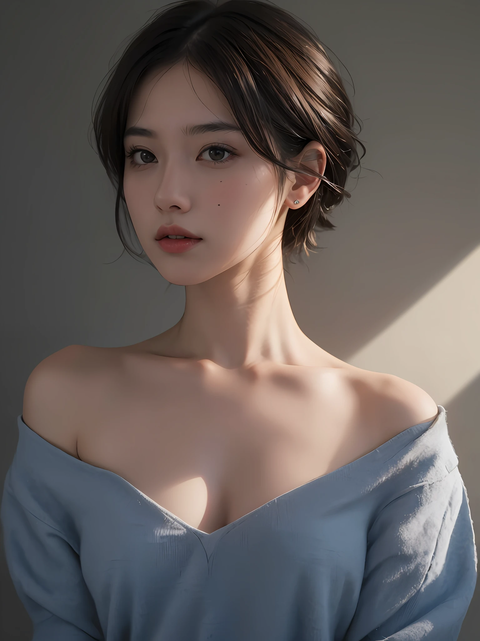 Best quality, masterpiece, ultra high res, (photorealistic:1.5), raw photo, 1girl, offshoulder, in the dark, deep shadow, low key, cold light, sexy look, short hair