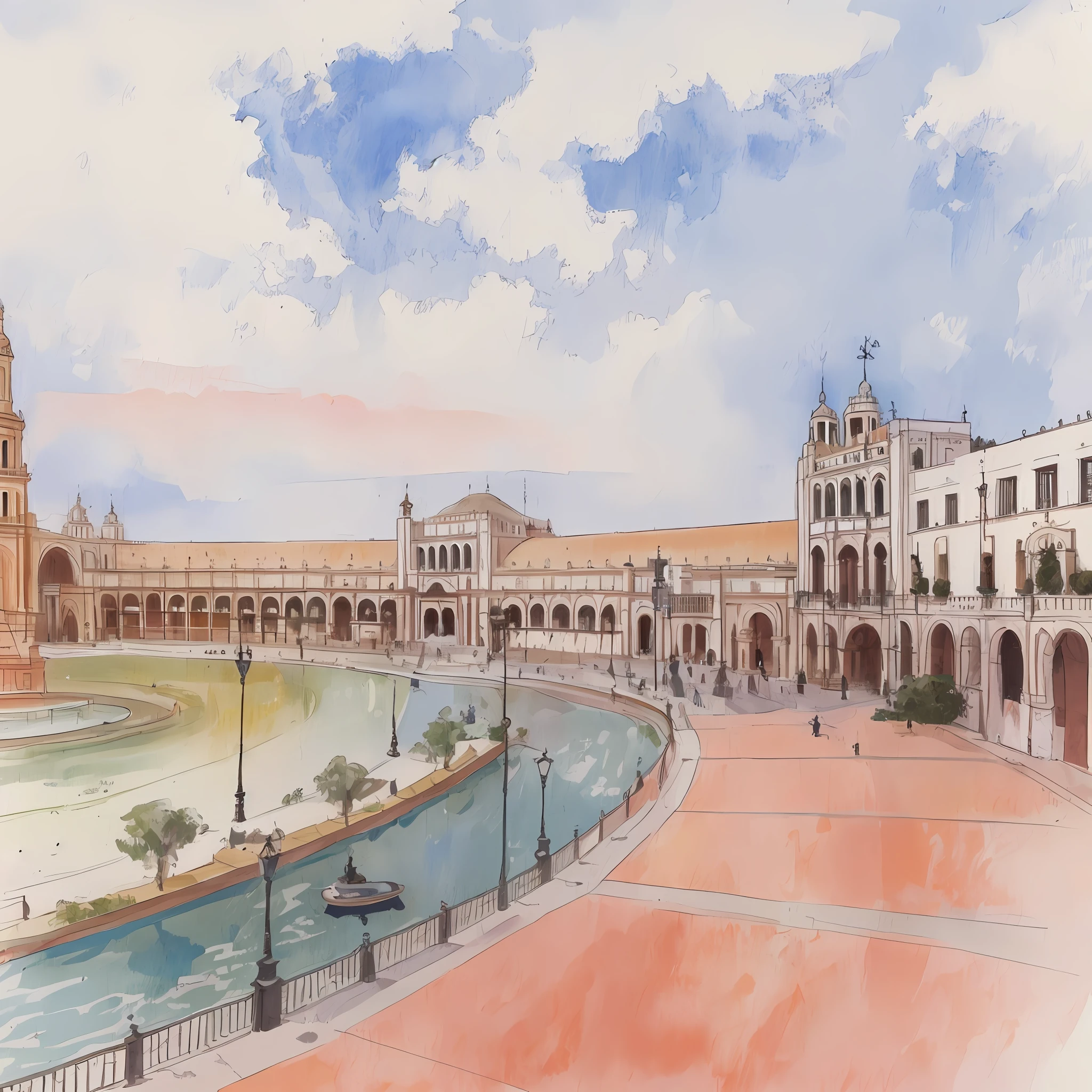 View of the Plaza de España in Seville with the south tower, Arches, Mudejar art, conf 0.9