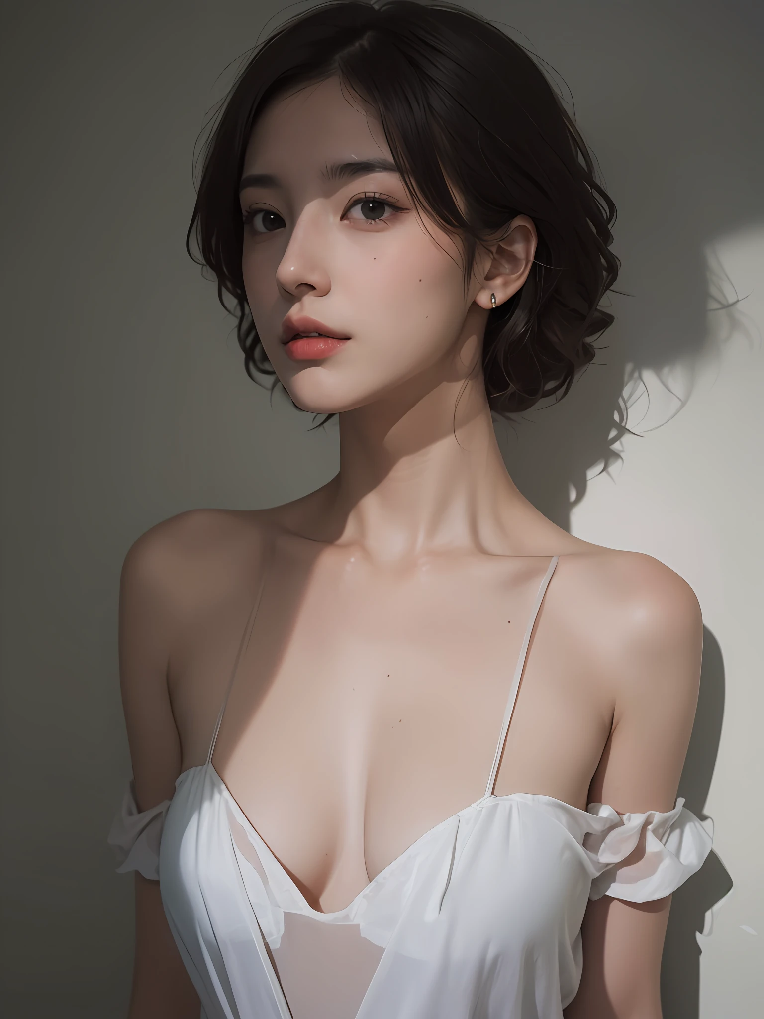 Best quality, masterpiece, ultra high res, (photorealistic:1.5), raw photo, 1girl, offshoulder, in the dark, deep shadow, low key, cold light, sexy look, short hair