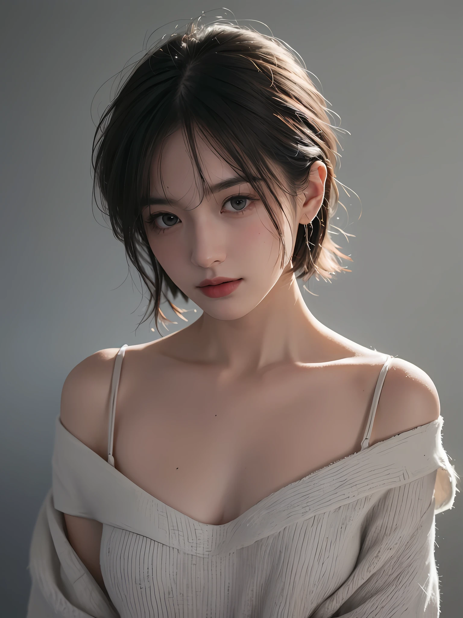 Best quality, masterpiece, ultra high res, (photorealistic:1.5), raw photo, 1girl, offshoulder, in the dark, deep shadow, low key, cold light, sexy look, short hair