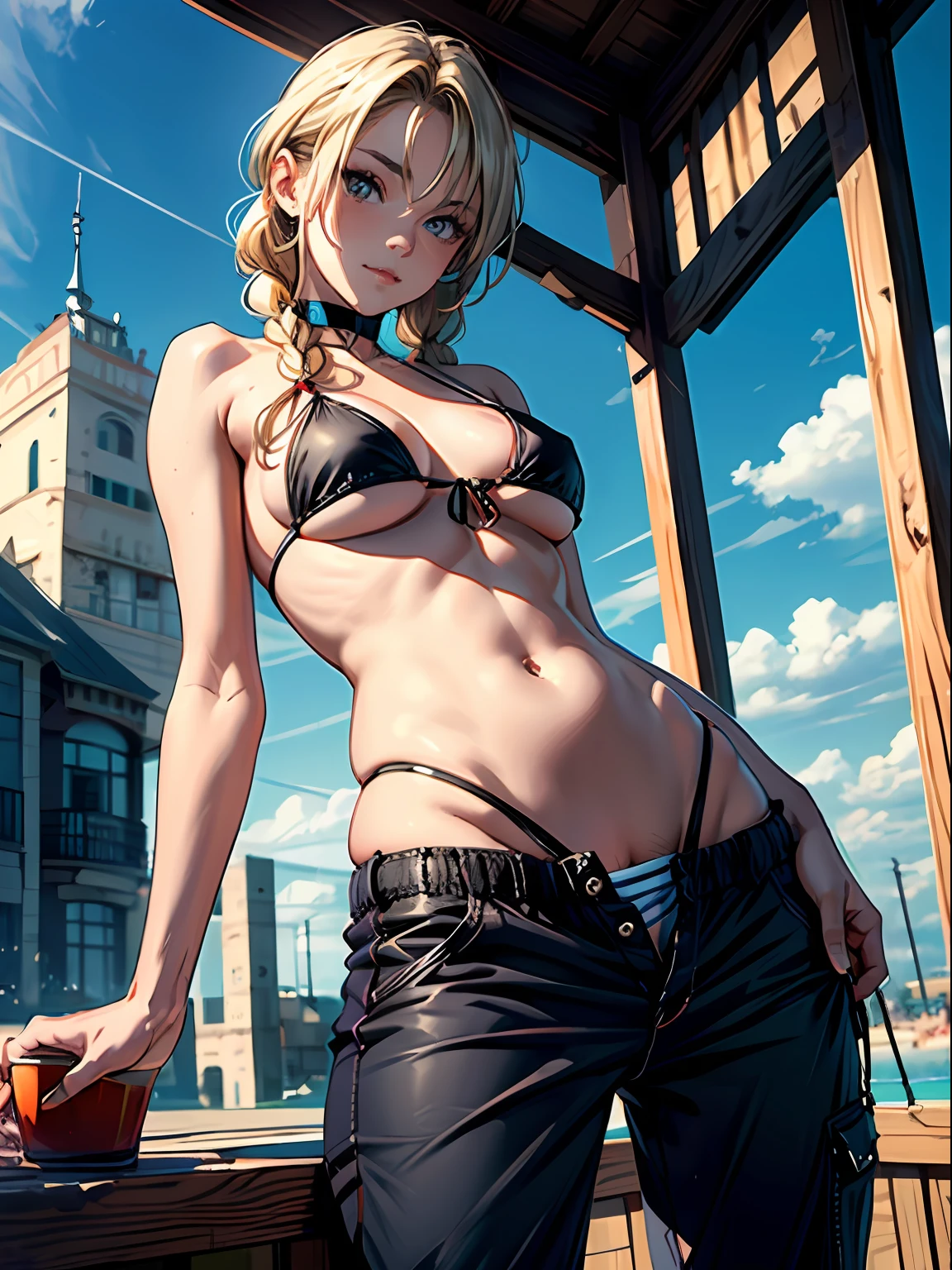 (masterpiece, best quality), 1girl, (smirk:0.75), upper body, looking at viewer, side tied bikini top, ((pubis, groin, crotch)), braid, (((pants pull))), choker, blonde, wide hips,