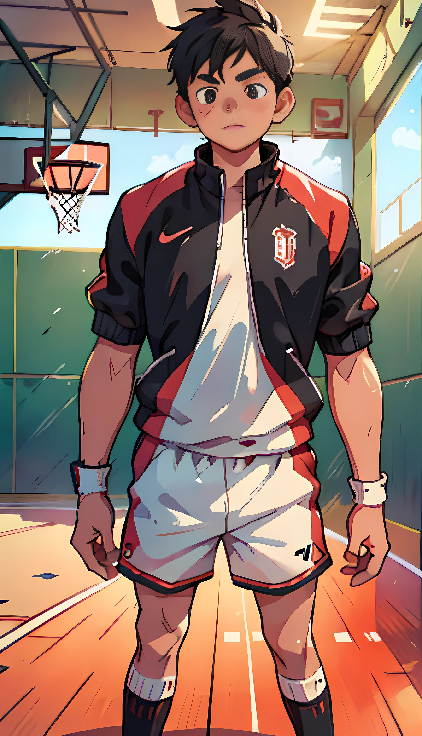 raw, 8k, high detail, illustration, basketball court, (1 boy: 1.2), 18 years old, basketball player, black eyes, black hair, shorts, white socks, tracksuit, round face, shyness