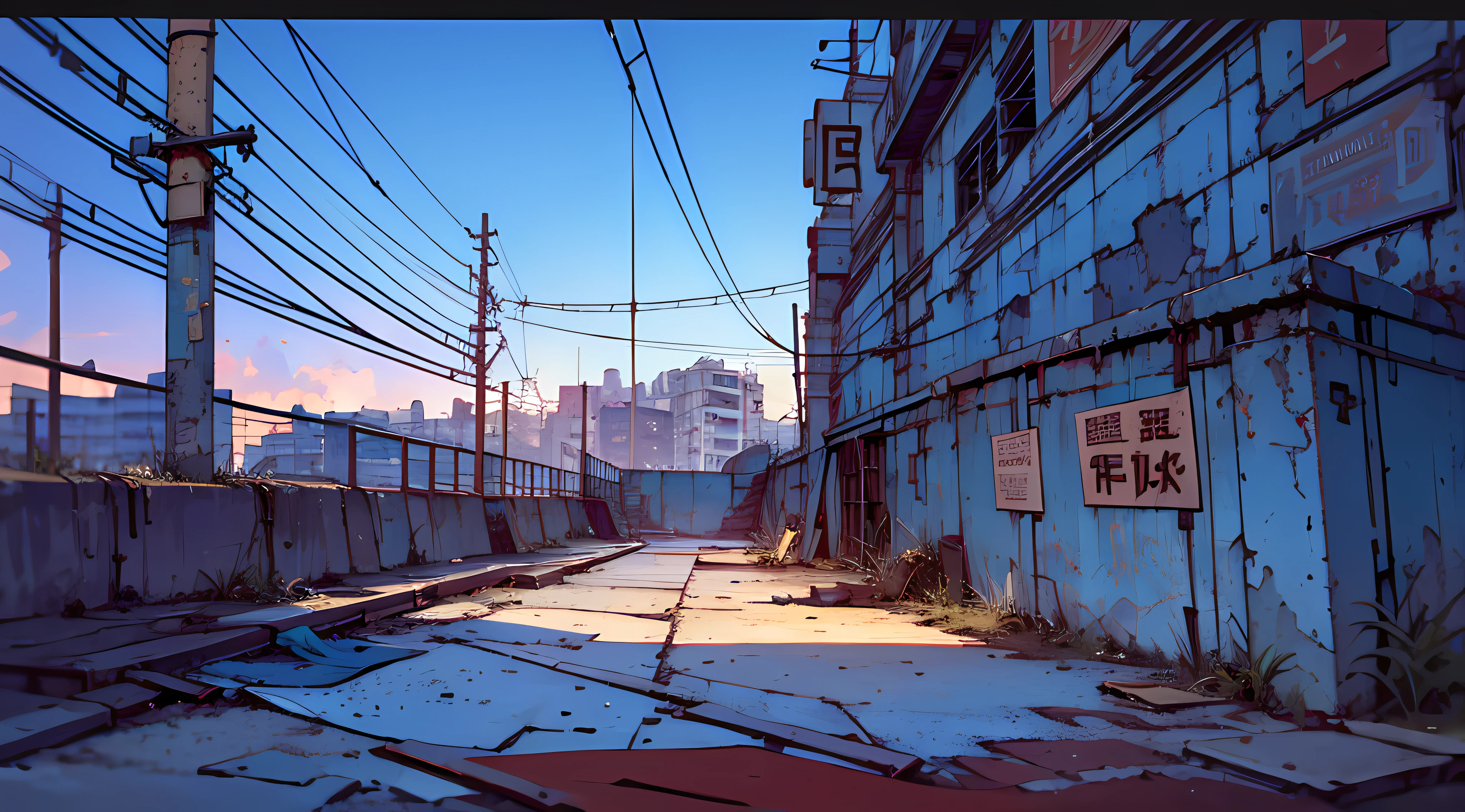 (scenery, no humans, outdoor, sky:1.2), masterpiece, best quality, beautiful face, 8k, absurdres, dirty and cracked concrete, rusty metal signs, abandoned square, street, cables, pole, rusty guardrails, empty boxes, damaged wall paint, oil Drum, broken window, some garbage on the ground, rusty scrap, damaged sofa, from below, perspective, depth of field, HDR, (bleach bypass, ginnokoshi:0.8), cinematic lighting, professional lighting, very dark landscape shadows, high contrast, sharp focus, highres, photography, hyperrealistic, ultra detailed, sharp details, finely detail