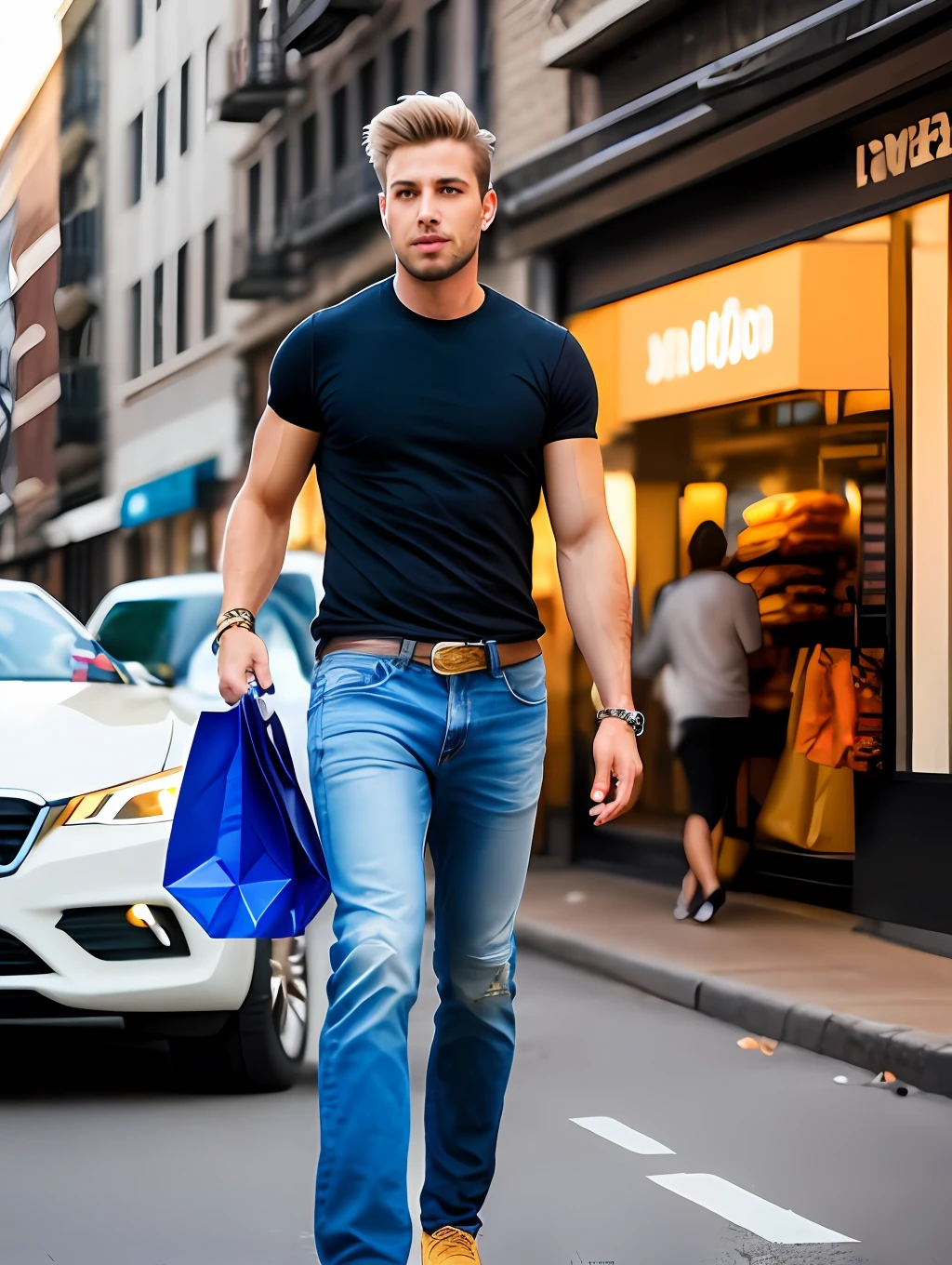 photo of an insanely handsome Australian man, green eyes, short messy windy blonde hair, closeup zoomed in tight crop portrait, running down a (street on a big city scene people shops cars:1.2) wearing a (casual jeans:1.3) (shopping bags on his hand:1.3) (Lighting-Gold:1.2) action shot foreground objects background details (masterpiece:1.2) (photorealistic:1.2) (bokeh:1.2) (best quality) (color grading) (detailed skin:1.3) (intricate) (8k) (HDR) (cinematic lighting:1.3) (sharp focus), very masculine, messy windy hair