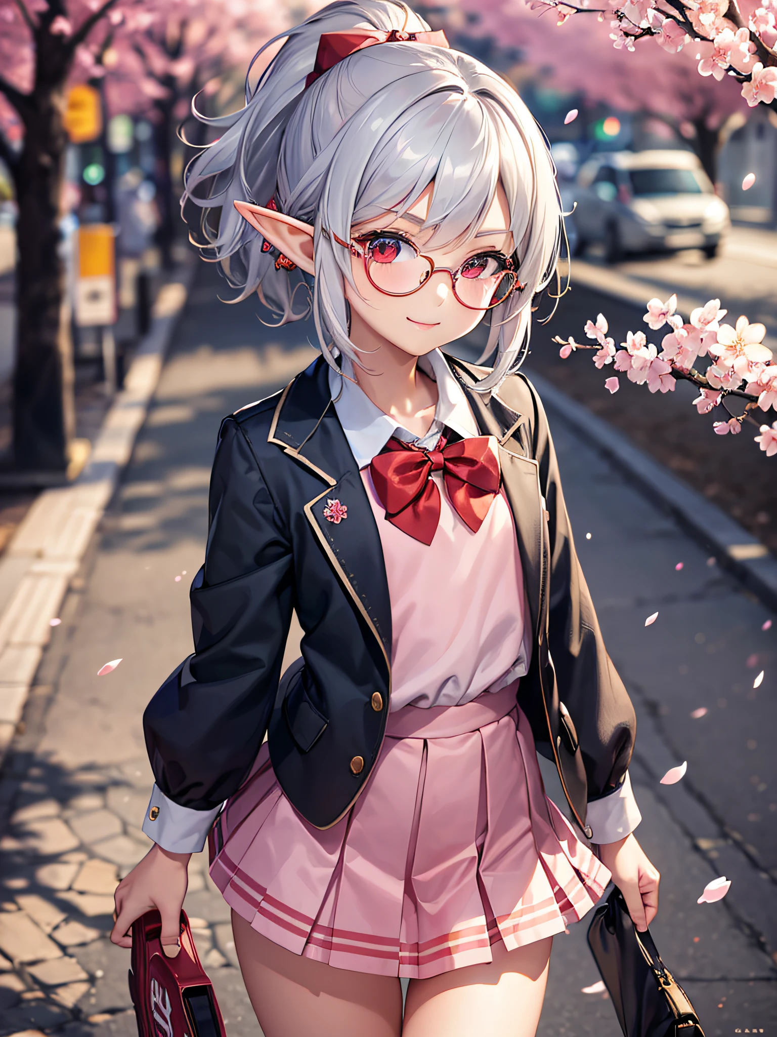 ((masterpiece)), ((best quality)), (ultra-detailed), ((perfect anatomy)), cute, illustration, 8 yo, a cute girl, 1girl, solo, ((flat chest)), ((thin thighs)), beautiful silver hair, short hair, messy hair, ponytail, beautiful red eyes, upturned eyes, red glasses, hair ornament, ((elf)), smile, ((school uniform)), hands on own chest, stand, (full body), (sneakers), cherryblossom, cherry blossom petals background, petals dancing in the wind,