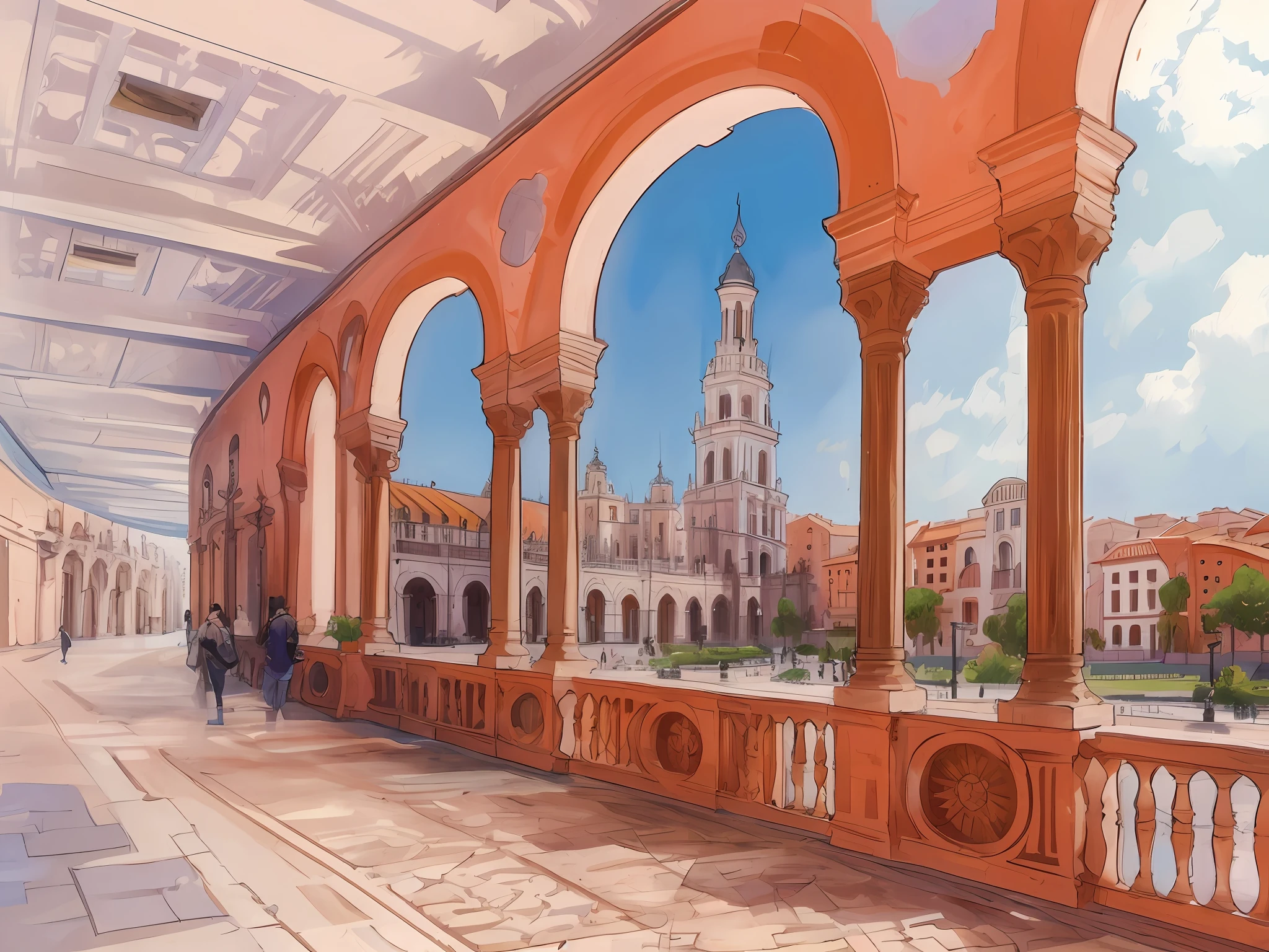 View of the Plaza de España in Seville with the south tower, Arches, Mudejar art, conf 0.9