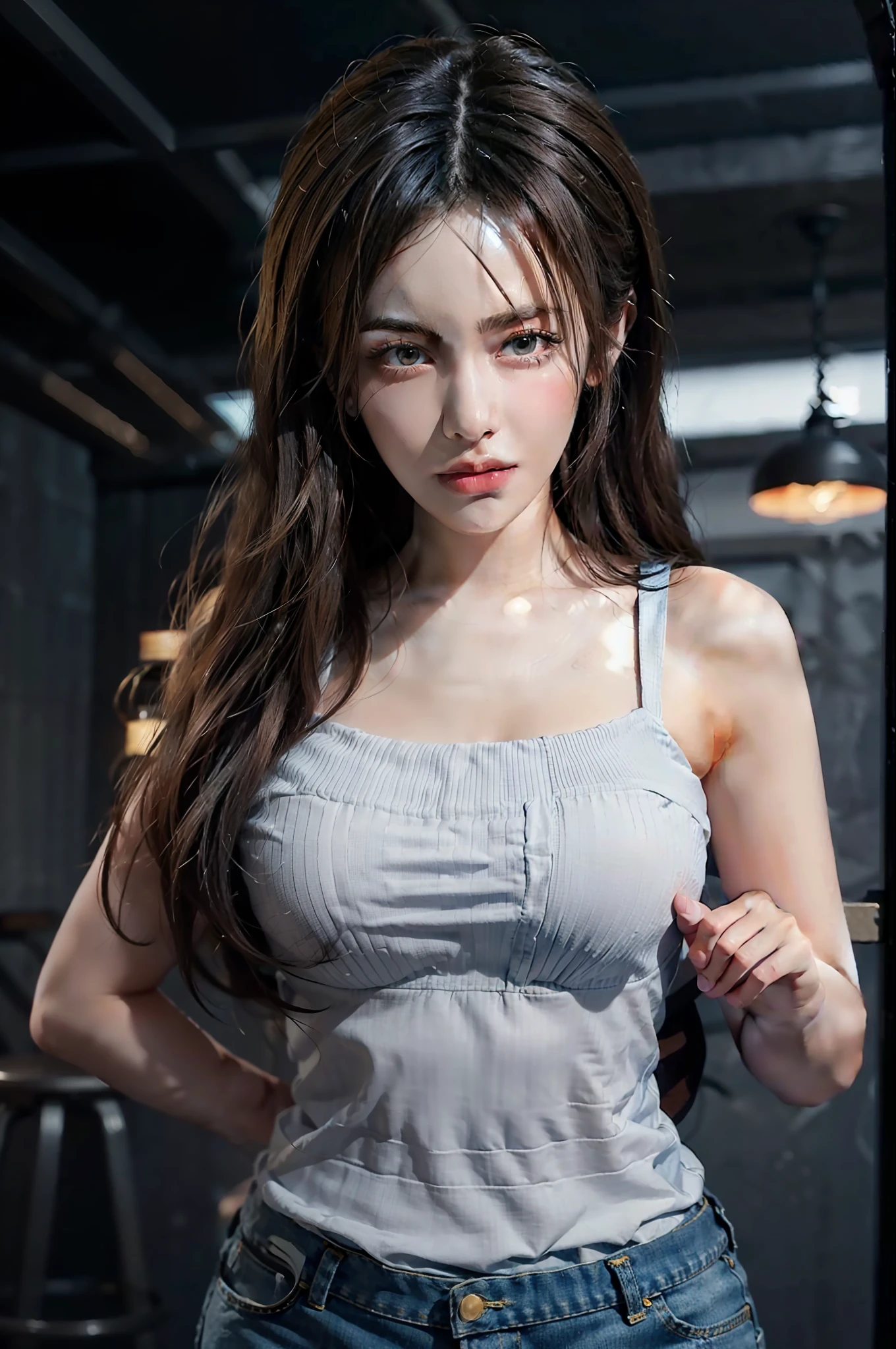 Fantasy Art, Dynamic Lighting, 1.1) , Poster, Volume Lighting, Color Sexy Top with Very Detailed Faces, 4K, Award-Standing, 1 Girl, In the Light, Fat Buttocks, Understated, Denim Photos, (official: 1.4), Long Hair, Gray Hair, Ultra HD, 4K, Perfect Pose,