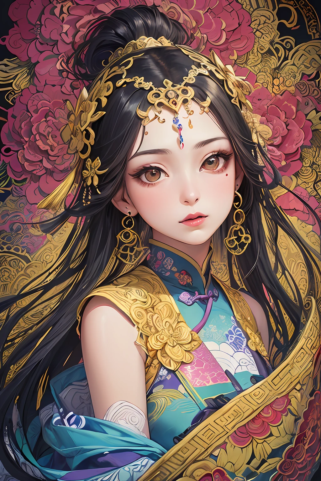 (masterpiece, top quality, best quality, official art, beautiful and aesthetic:1.2), (1girl:1.3), extremely detailed,(fractal art:1.1),(colorful:1.1)(flowers:1.3),highest detailed,(zentangle:1.2), (dynamic pose), (abstract background:1.3), (chinese Traditional cloth:1.2), (shiny skin), (many colors:1.4), ,(earrings:1.4),