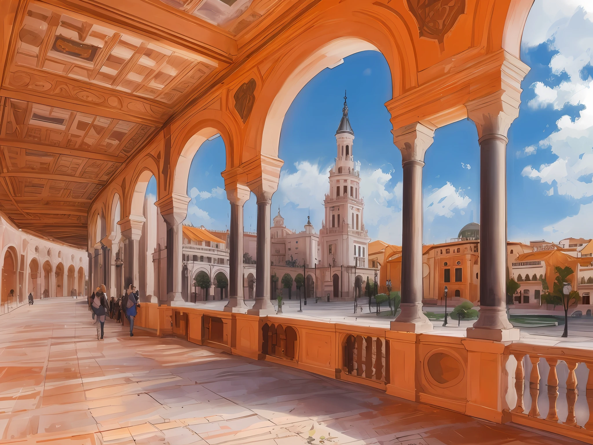 View of the Plaza de España in Seville with the south tower, Arches, Mudejar art, conf 0.9