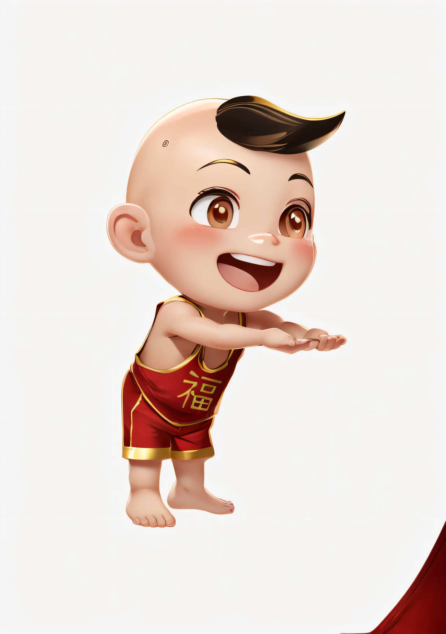 (Masterpiece: 1.3), (Best Quality: 1.3), (Masterpiece: 1.3), (Best Quality: 1.3), (8k wallpaper), (Ultra High Resolution), Full Body, (Bicephal: 2), (Natural Skin Texture), (Beautiful and Beautiful), (Very Detailed CG, Intricate Details), White Background, (White Background: 1.5), 1 Boy, Cute, Happy Face, Bald Head, Small Black Hair in the Middle, Solo, Chibi, Chibi, (Chinese Style: 1.5), Hanfu, ( Red belly pocket: 1.3), sleeveless, horse face clothing, (red shorts: 1.3) clothes gold rimmed trim, trousers gold rimmed trim, barefoot, no shoes.