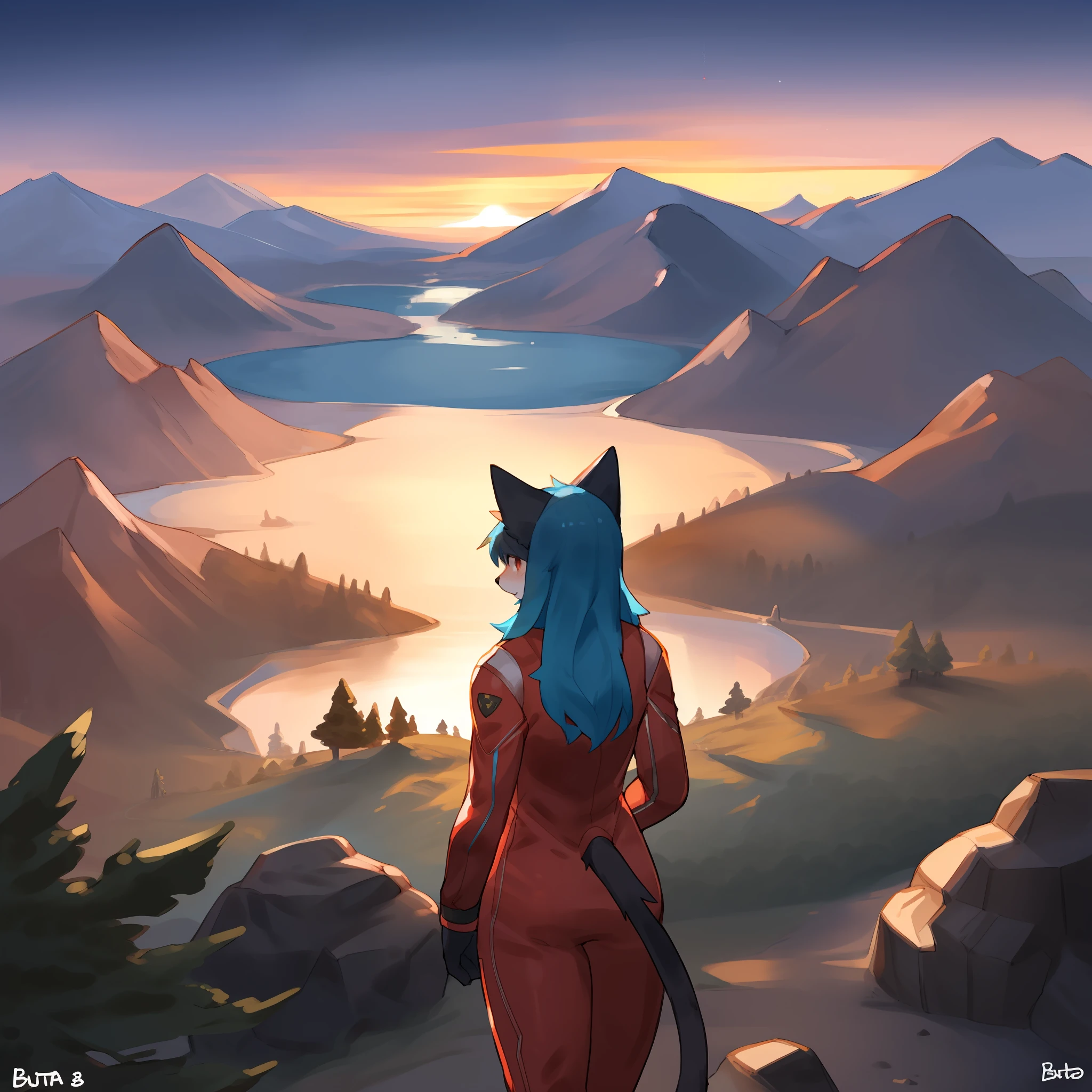 Distant view of a diverse cast of anthro characters in red spacesuits exploring a planet, hills, mountains, waterfall, mountain, trees, gross, rocks, pointy rocks, sunset, male, female, feline, canine, red jumpsuit, red spacesuit, hair, by buta99, by bebebebebe