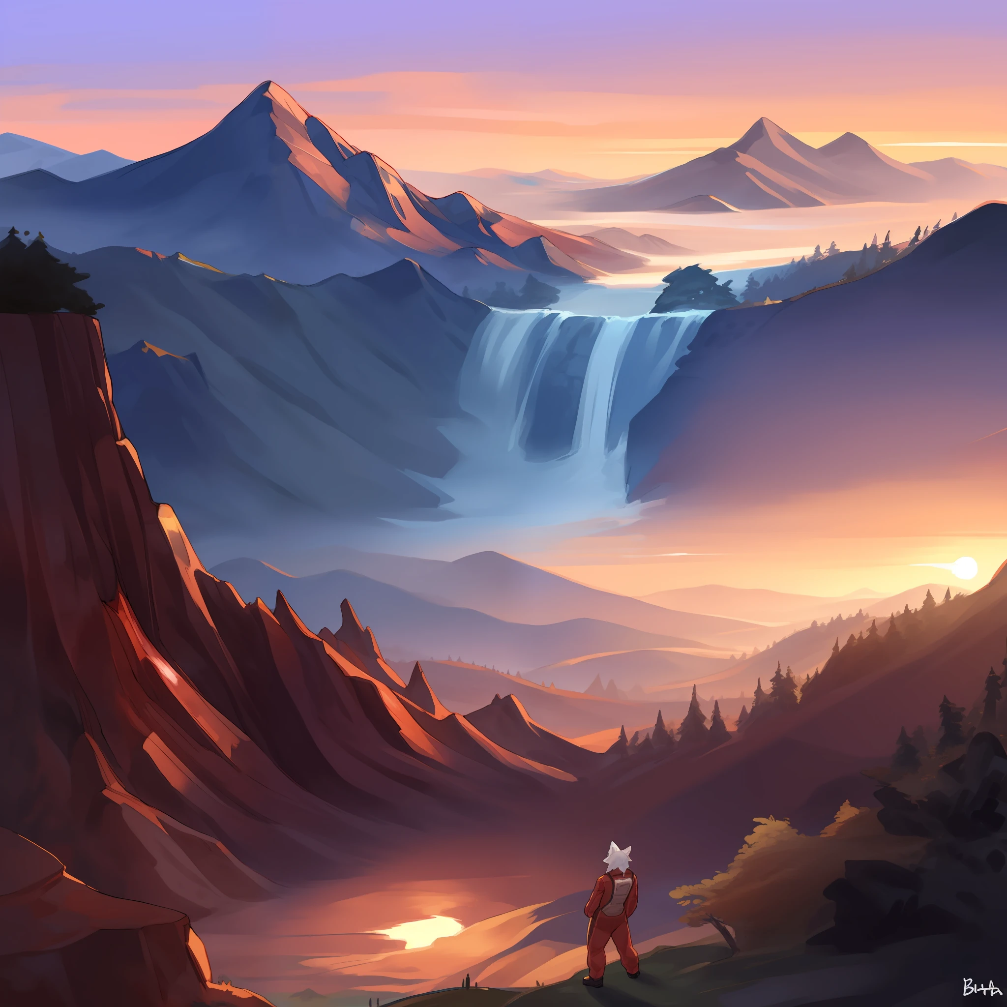Distant view of a diverse cast of anthro characters in red spacesuits exploring a planet, hills, mountains, waterfall, mountain, trees, gross, rocks, pointy rocks, sunset, male, female, feline, canine, red jumpsuit, red spacesuit, hair, by buta99, by bebebebebe