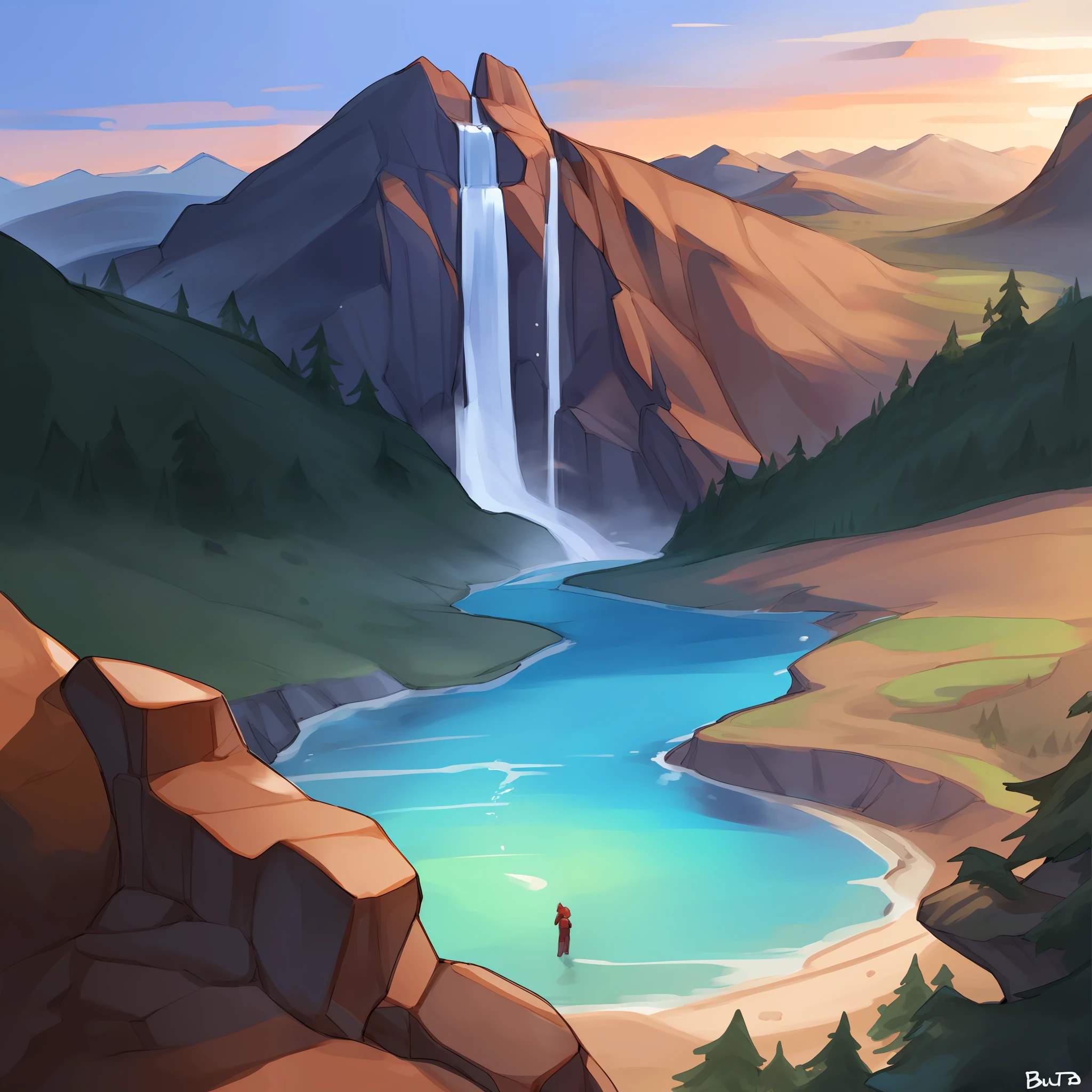 Distant view of a diverse cast of anthro characters in red spacesuits exploring a planet, hills, mountains, waterfall, mountain, trees, gross, rocks, pointy rocks, sunset, male, female, feline, canine, red jumpsuit, red spacesuit, hair, by buta99, by bebebebebe