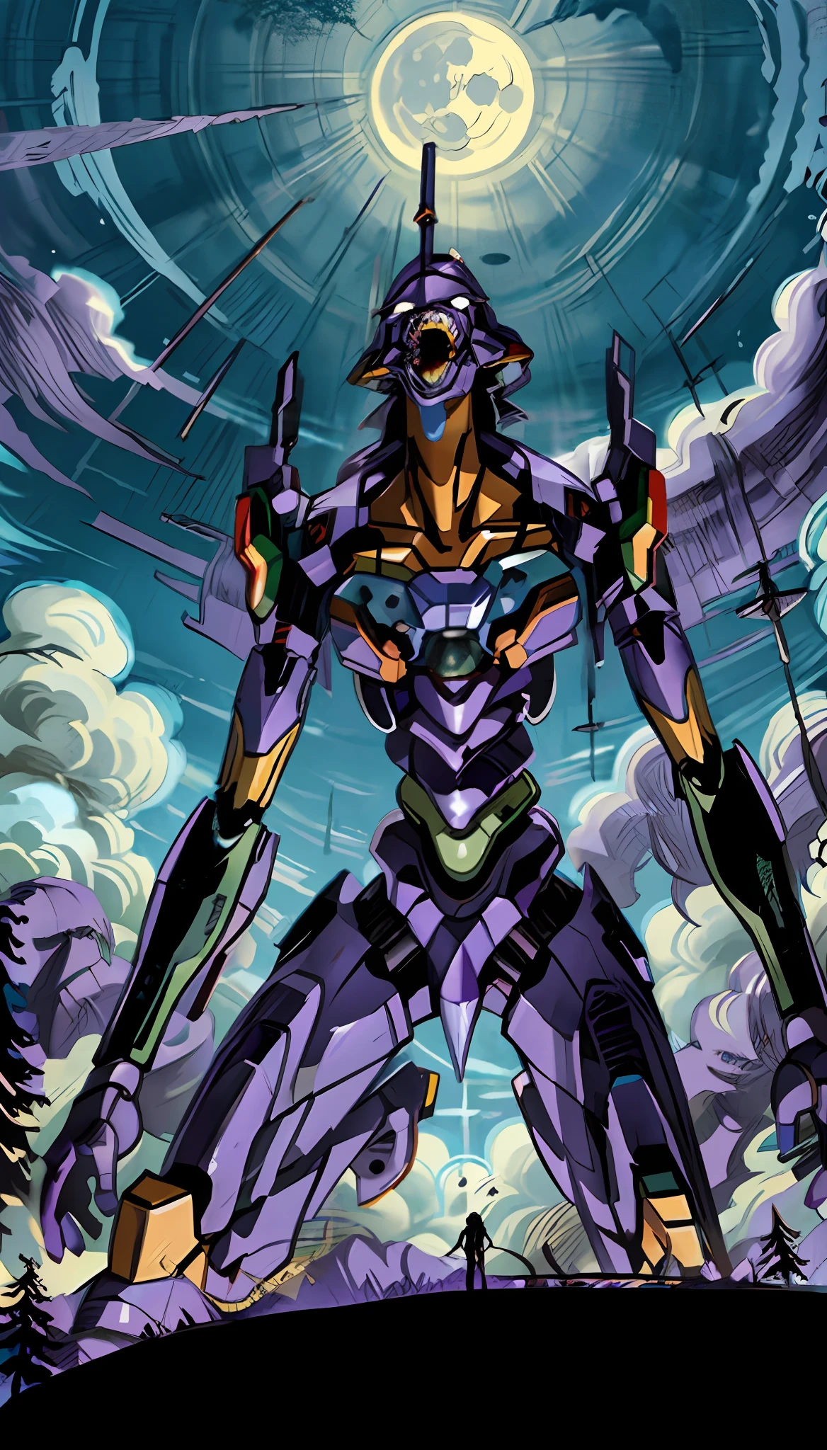 (eva 01:1.2), evagod, evangelion mecha, science fiction, looking at upwards, from below shot, (embelished illustration borders:1.2), 3/4 camera angle, crawling, textless, solo, despair, crying to the skies, 1robot, 1mecha, tall forest, dark forest, dark night, fine detail,