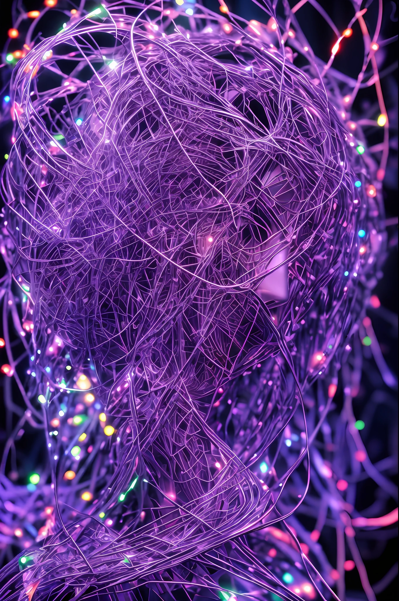 topquality, Masterpiece, Super High resolution, (Photorealistic: 1.4), RAW photo of, 1 Girl, Black Hair, shiny glossy skin, 1 Mechanical Girl, (Ultra Realistic Details)), Portrait, global lighting, Tinta, OCTANE RENDER, 8K, hyper sharp, Big, Cleavage Exposed Raw Skin, metalic, Complex Ornaments Details, Cold Color, egypician detail, very intricate detail, Realistic Rays, CGSoation trends, Purple Eyes, glowing eyes, facing to camera, neon light details, Mechanical Limbs, blood vessels connected to the tube, mechanical vertebrae attached to the back, mechanical cervical attachment to the neck, sitting, wires and cables connecting to the head, evangelion, small LED lamp,