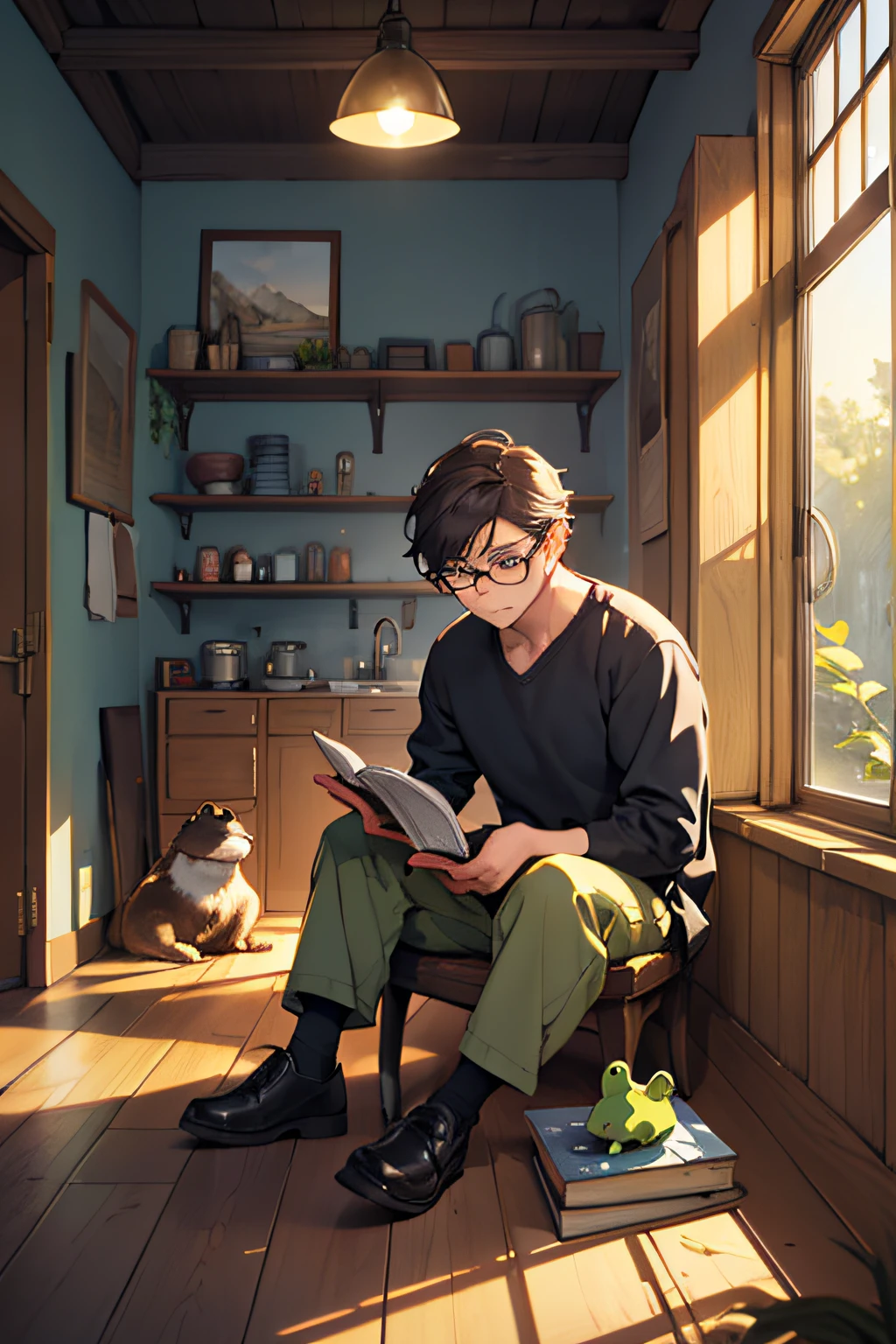"In a cozy little apartment, handsome Sven boy wearing glasses sits intently on the ground to learn knowledge, and the cry of frogs comes from the window."