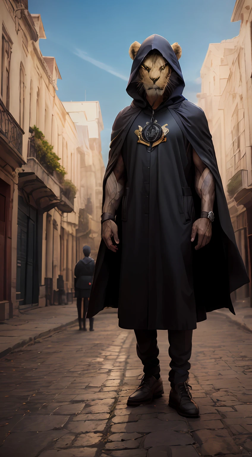 Man in black cape with lion's face, cape. extremely high details, wearing black clothes and cape, black travel cape, wearing a luxurious robe, highly detailed photographic cover, with cape, hood and cape, black cape from neck to ankles, cape, wearing a black cloak, wearing a king's cape, heavy cape --auto
