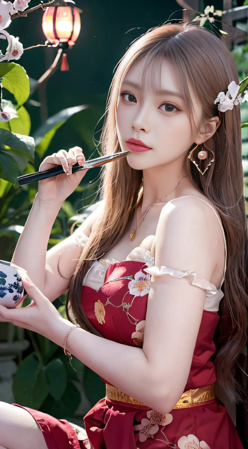 (Drunken with Lights and Swords: 1.8), (Outdoor: 1.8), (Bust Close-up: 2.9), (solo: 3.8), 1 ancient Chinese female warrior Exquisite face, watery big eyes, looking ahead, beautiful, heroic, holding a jade bowl, crystal clear bowl, drinking, wearing a sword, drunk, confused expression, Hanfu, classical, medium chest, noble, looking up, holding with one hand, drunk, sexy, jade, earrings, pendants, gorgeous clothing, gorgeous color matching, gorgeous patterns, aristocratic, patterns, decorations, jewelry, hairpins, buns, holding Ancient Wine Pot, Romanticism, Romantic Colors, Classical Poetry, Dream Scenes (Golden Gove and Iron Horse), Drunken, Lying on One's Side, Background (Night, Moonlight, Many Red Lanterns, Dim Lights, Ancient Chinese Architecture, Plum Blossoms), (Ancient Chinese Architecture: 1.8), (Chinese Style: 1.8), (Plum Blossom Scattering: 1.8), (A Branch Full of Plum Blossoms Appears from One Corner of the Picture: 1.8), (Close Up Above Thigh: 1.8), (Close up: 2.8), (Many Red Lanterns: 1.8), (Sword: 1.8), (Ancient Chinese Wine Pot on the Ground: 2.8), (Sword on the Ground: 2.8), (Moonlight: 1.6), (Holding Head with One Hand), (Sitting on a Wild Stone: 2.6), (Looking up and squinting), (Strong Wind: 1.6), (Chinese Classical Style: 1.6), Drunken, (Crystal Clear Jade Bowl: 1.6), (Drunken: 1.8), Liquor Sprinkled, (Plum Blossom: 1.6), (Night: 2.7), (Master Light: 1,9), (Master Color: 1.9), (Master Composition: 1.9), (Masterpiece), best, 8k wallpaper, illustrations, high-definition image quality, full of storytelling, complex backgrounds,exquisite details, rich visual effects, bright colors, layered highlights, shadows and details, as well as cinematic quality, exquisite and complex, master works, official works, master lighting, movie composition, movie lighting, master composition, master color scheme, 16K, ultra clear, Wallpaper,
