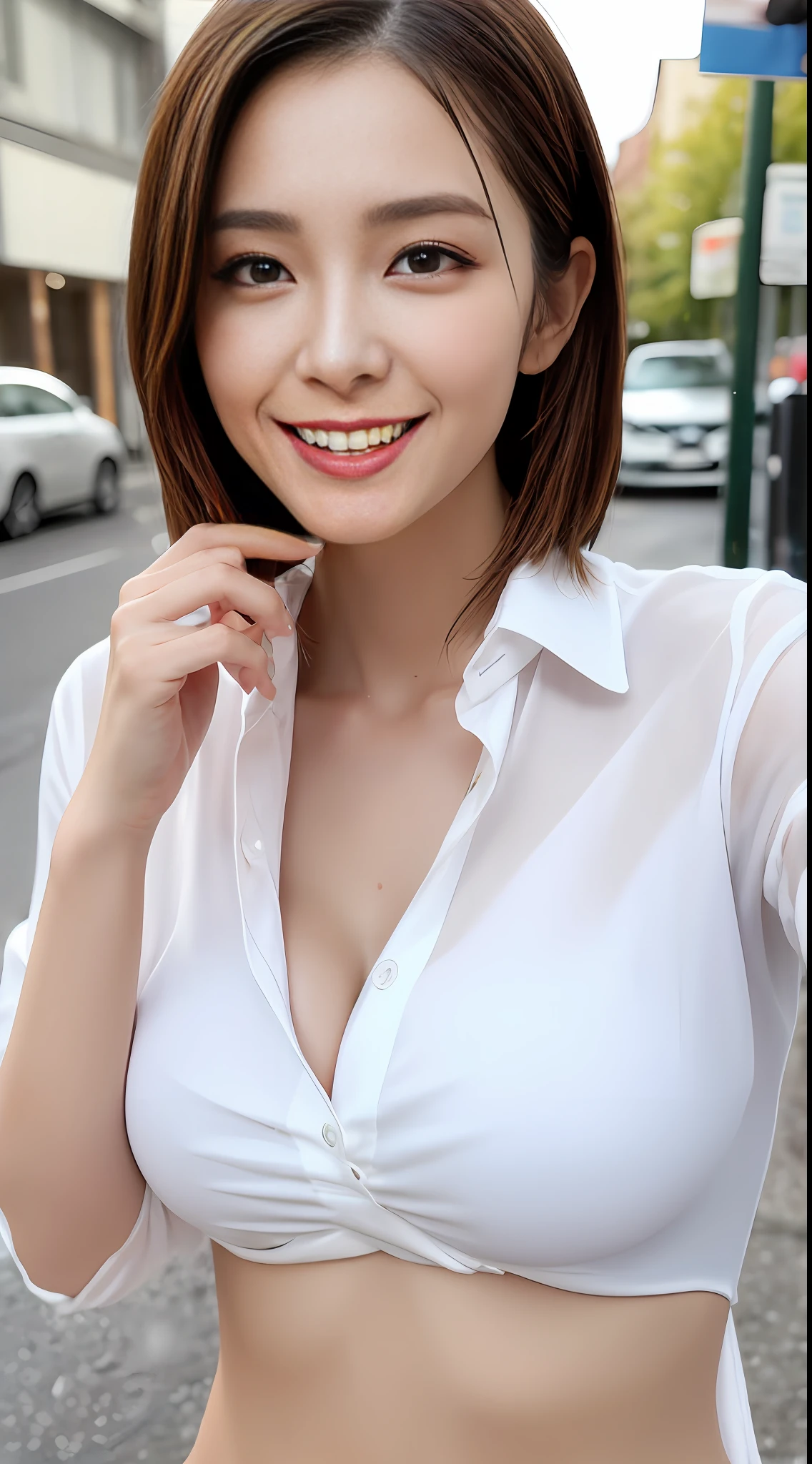 ((Best Quality, 8K, Masterpiece: 1.3)), Sharp Focus: 1.2, A Beautiful Woman with Perfect Figure: 1.4, Slim Abs: 1.2, (Layered Hairstyle,: 1.2)), (Wet White Button Long Shirt: 1.3), Rain: 1.3, Street: 1.2, Wet Body: 1.1, Highly Detailed Face and Skin Texture, Detailed Eyes, Double Eyelids, Big Breasts, Smile,